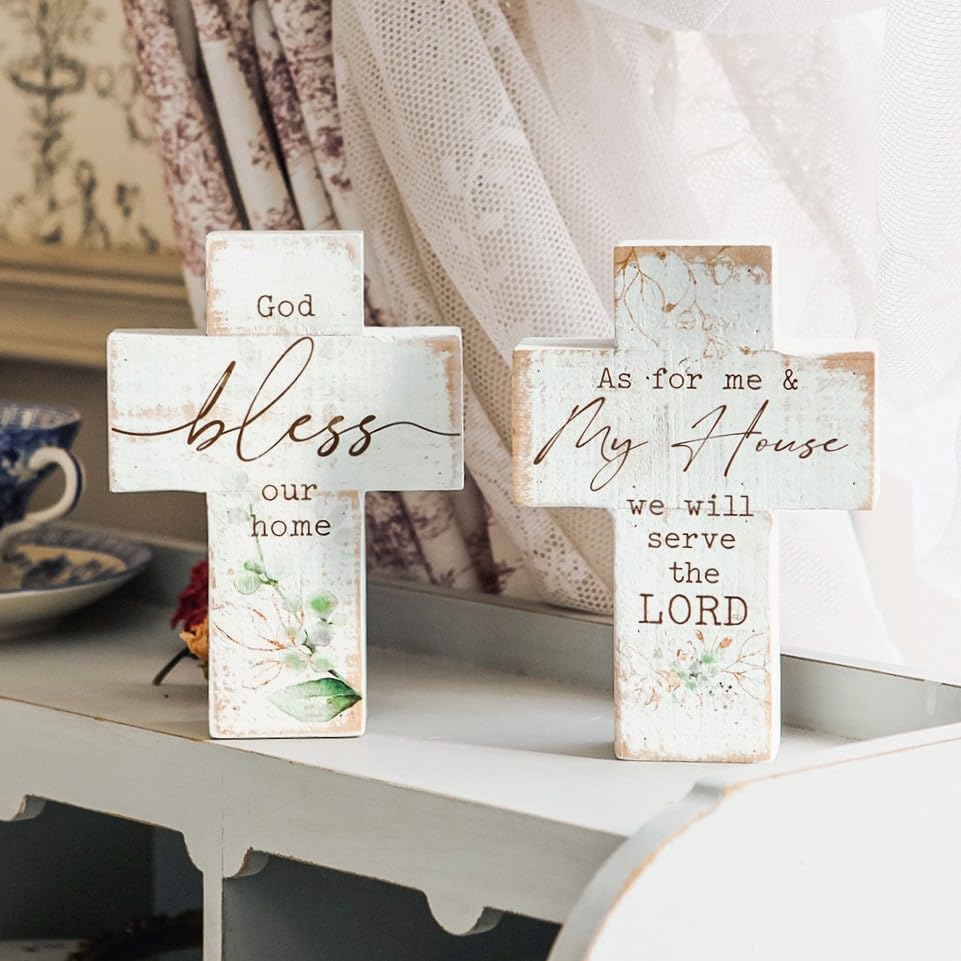 Wooden Wall Cross Set of 2 Distressed Whitewashed Christian Decor