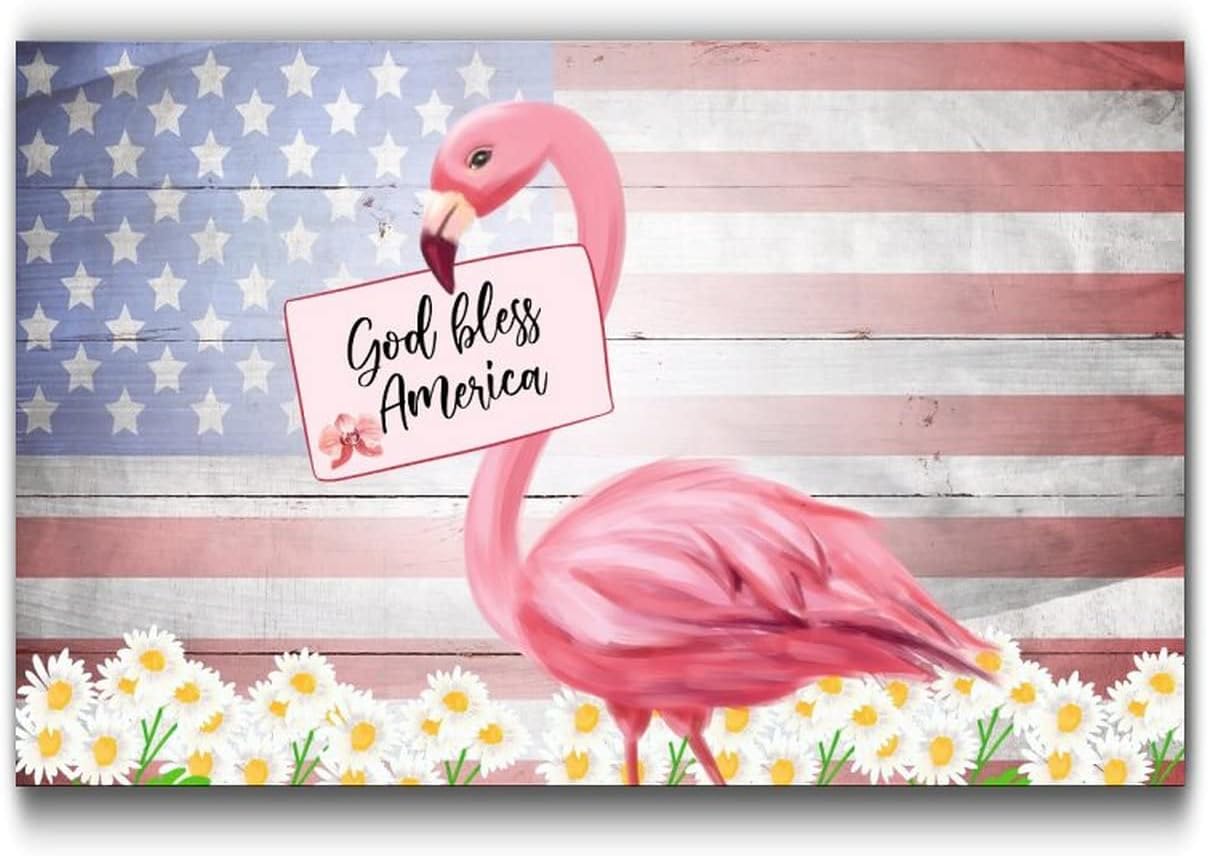 Patriotic Wooden Plaque with America Flag and Pink Flamingo Design