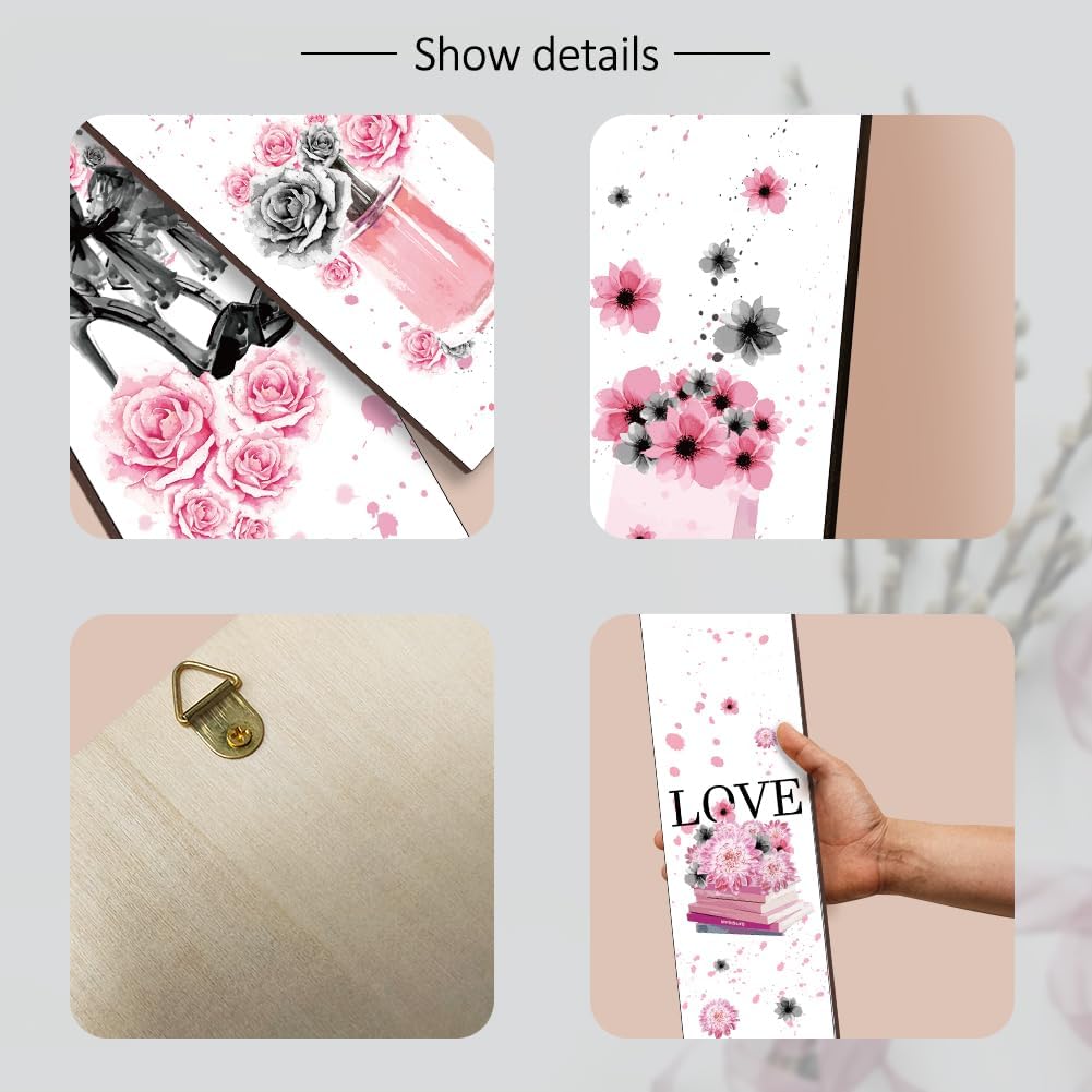Nbeads 4 Pcs Pink Black Flower Wooden Wall Sign