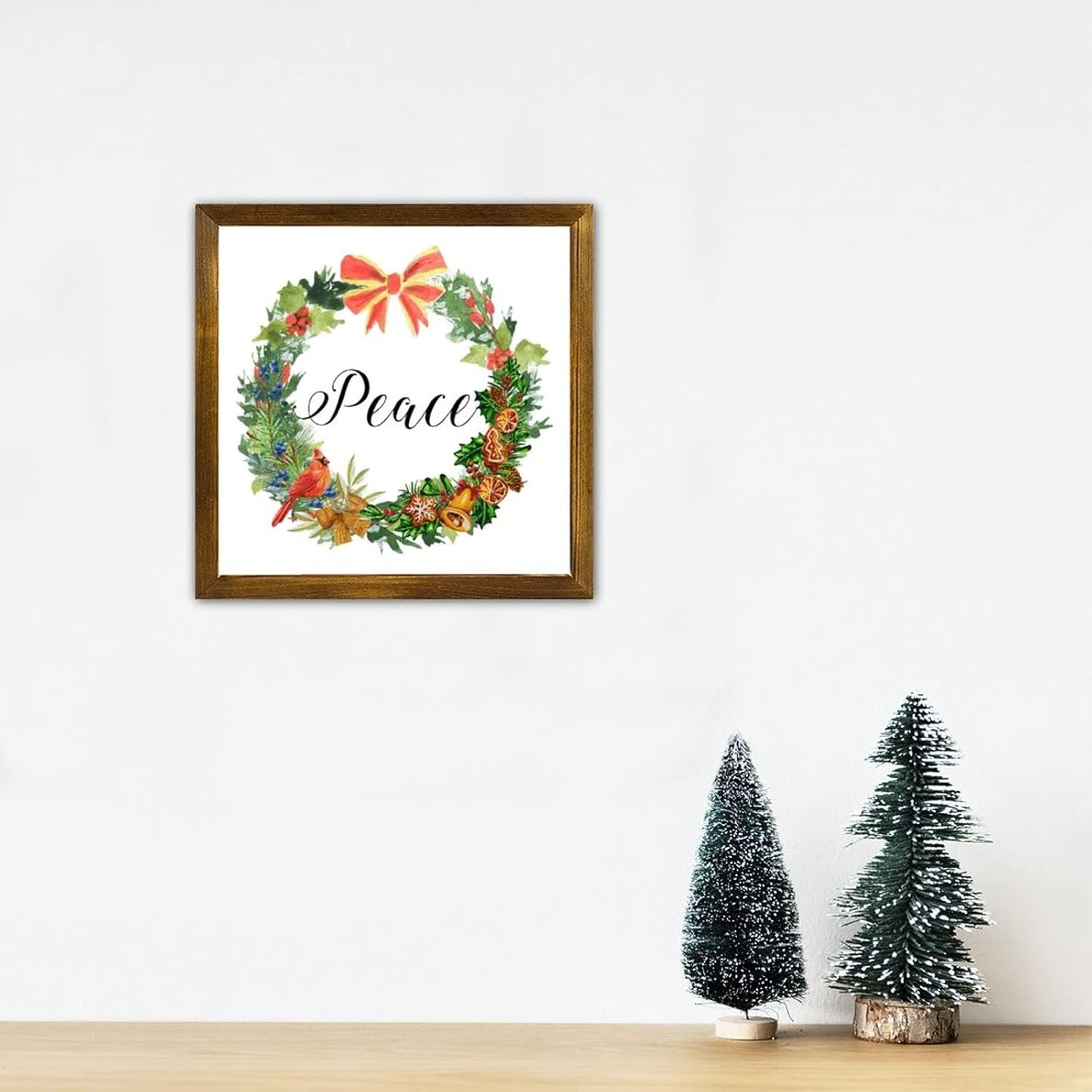 Wood Sign Peace Pine Nut Wreath Framed Wall Art 12x12in