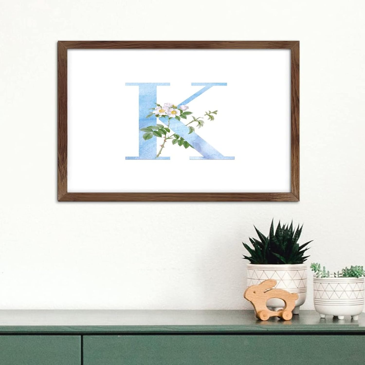 Blue Monogram Initial K Wood Framed Wall Sign