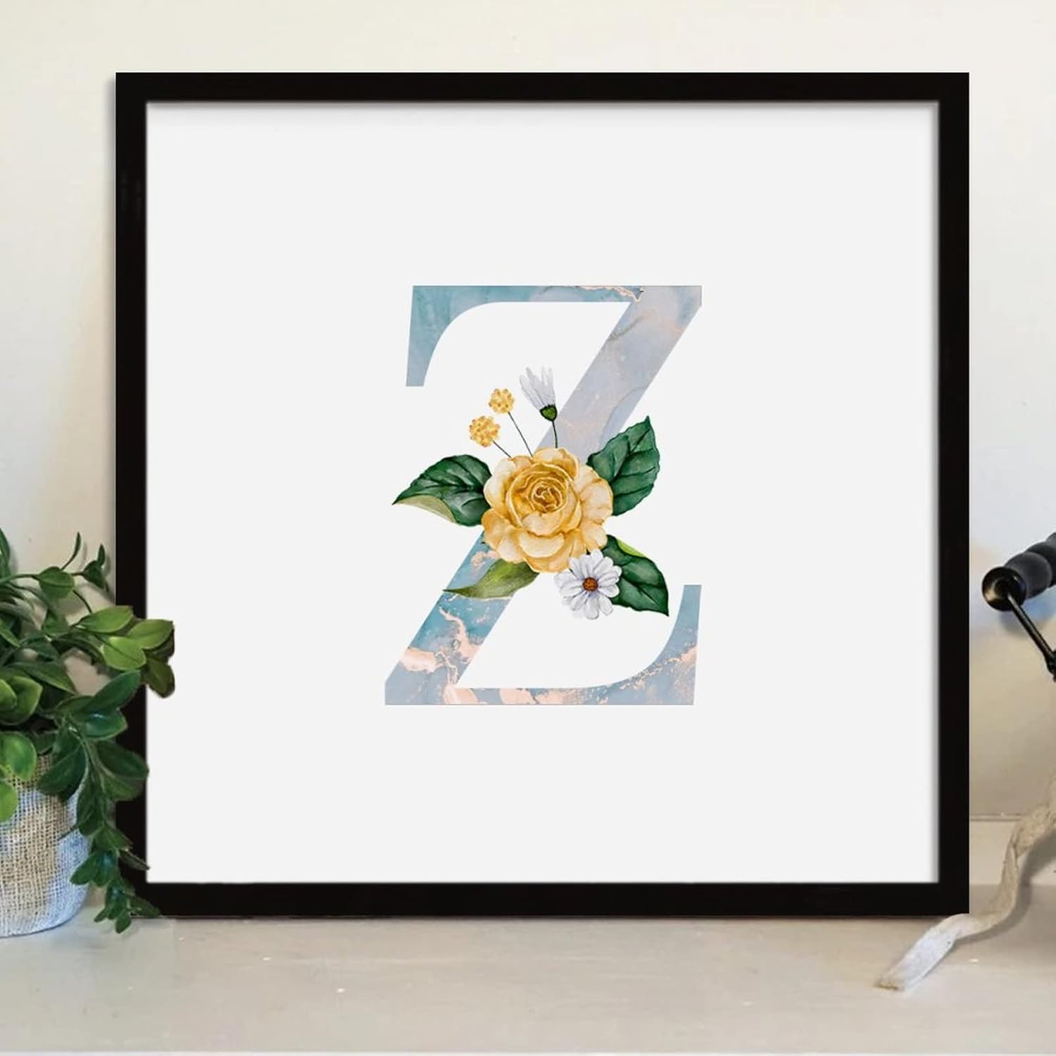 Marble Yellow Floral Monogram Initial Letter Z Framed Wood Sign 12x12 Inch