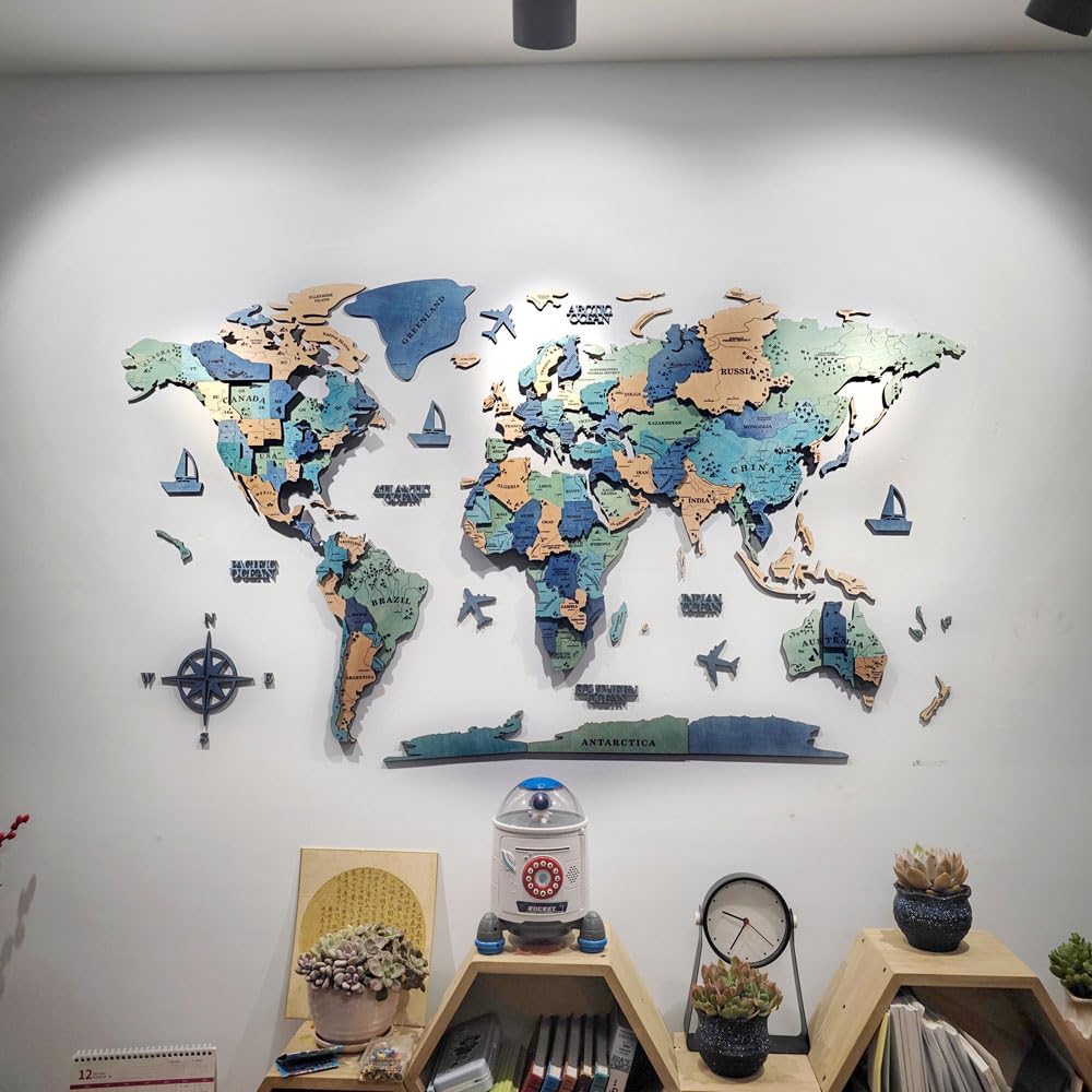 3D Wooden World Map Wall Art Decor Green XL