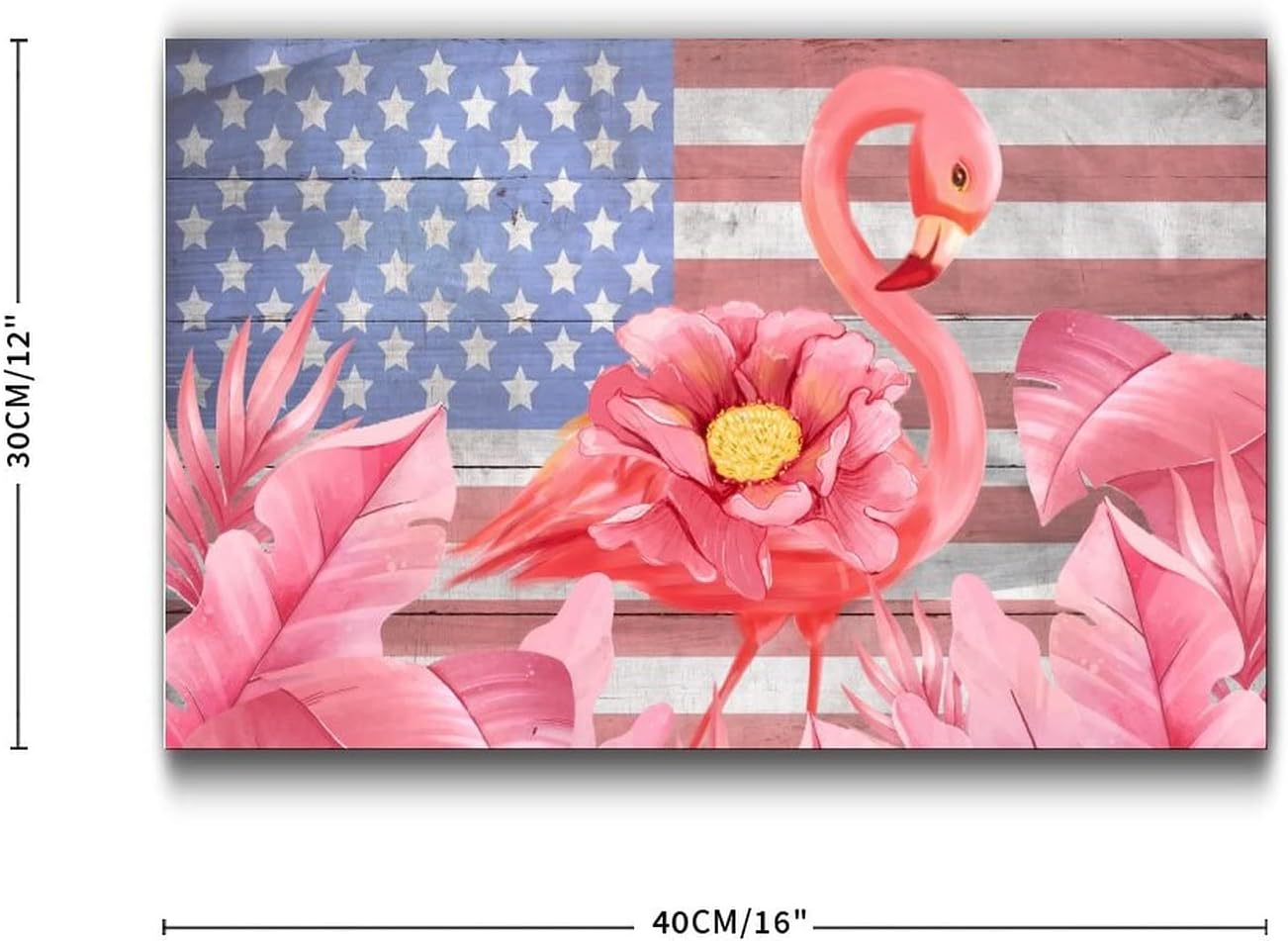 Pink Flamingo Flower 4th of July Wooden Sign