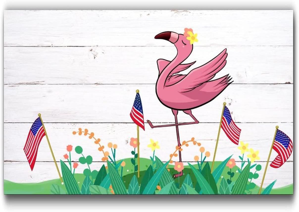 Pink Flamingo Fourth of July Wooden Decor 12x16in