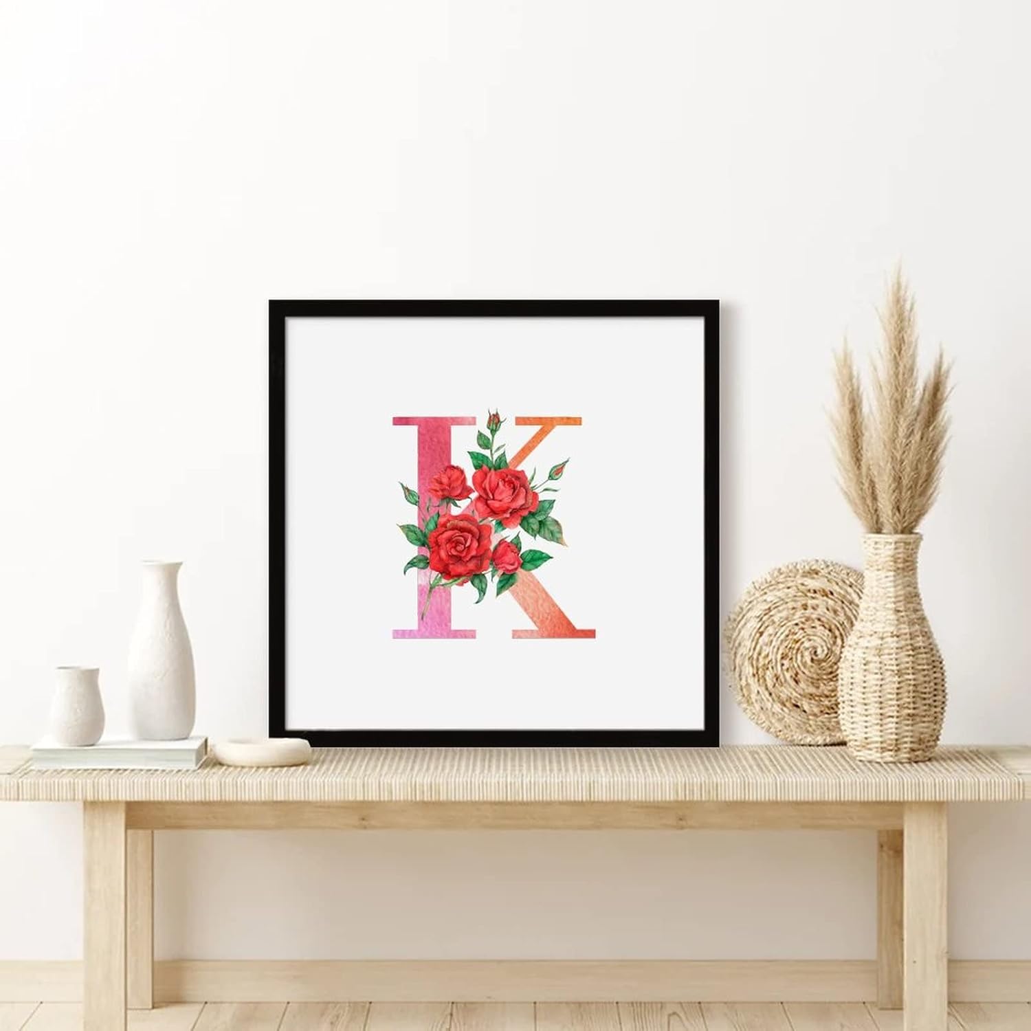 Red Floral Monogram Letter K Framed Wood Sign 12x12 Inch 1