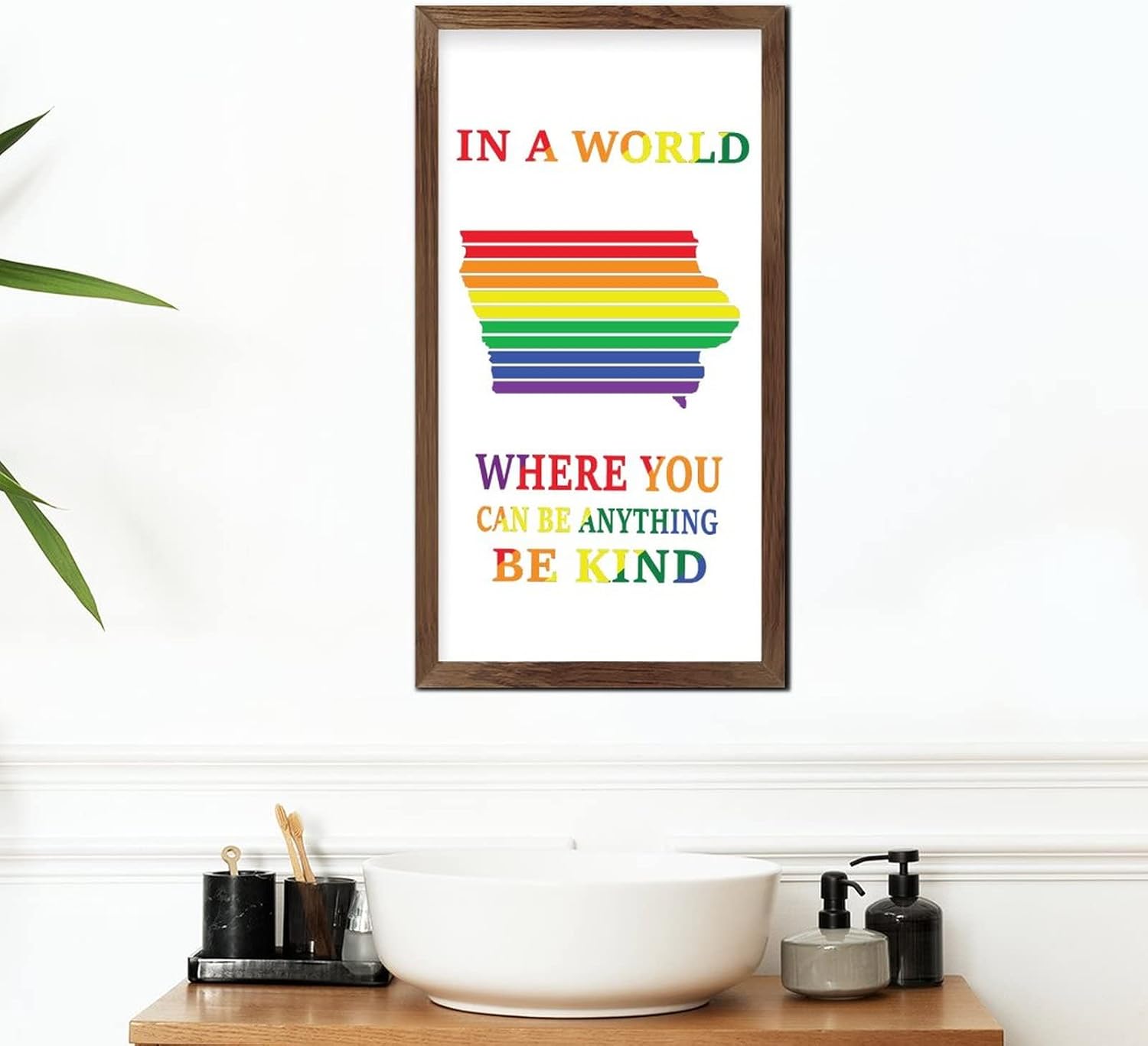 Rainbow Progress Pride Wood Framed Wall Sign 22x12 In