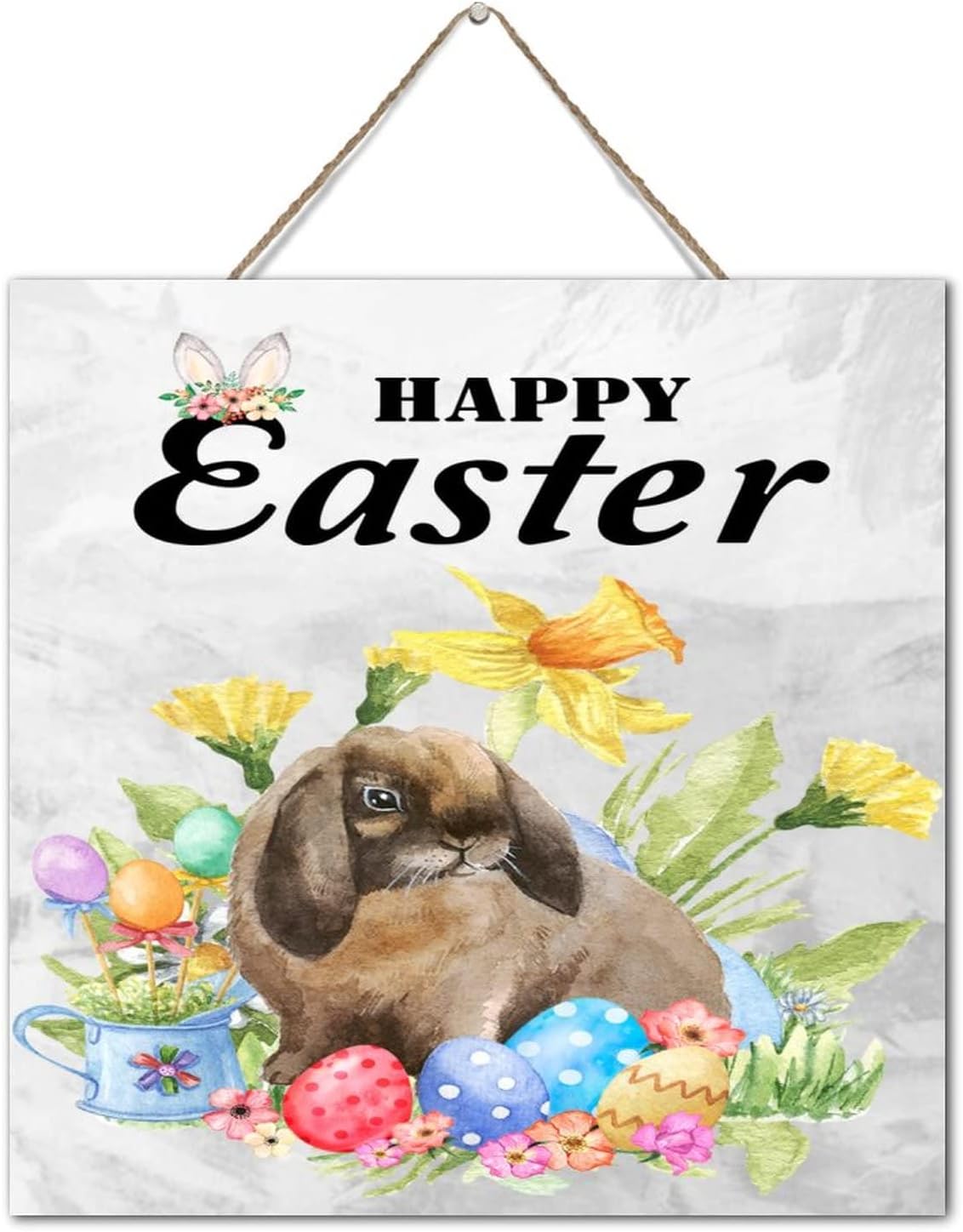 Autravelco Rustic Wood Easter Bunny Sign 12x12 Inch