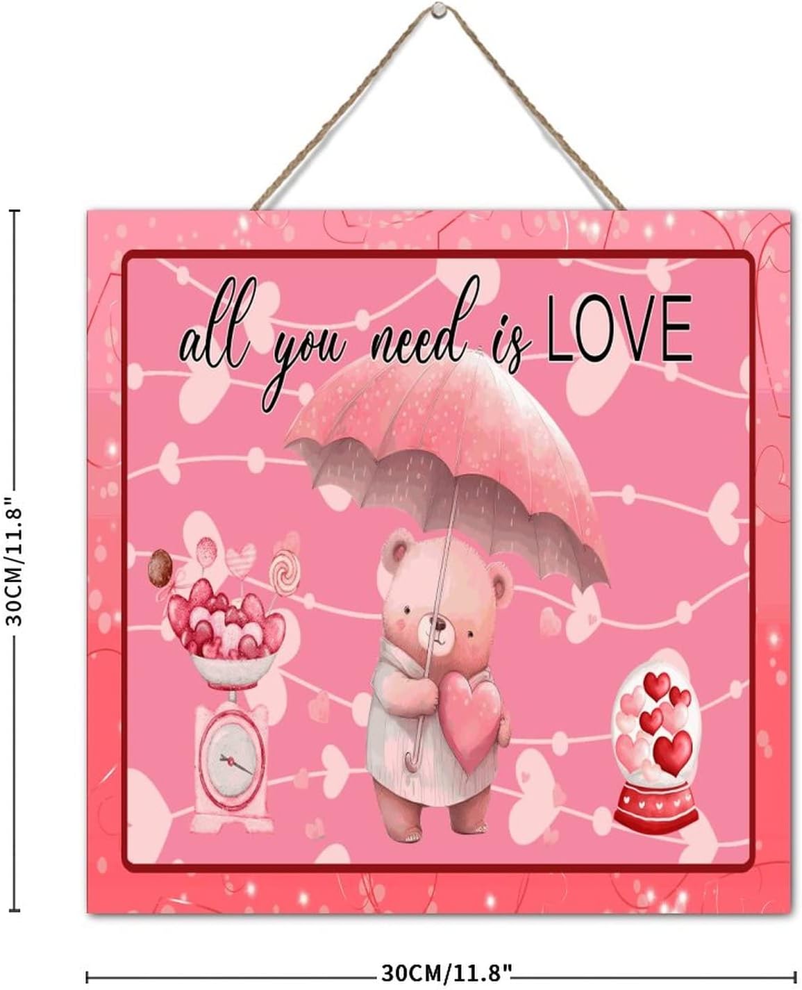 Valentines Bear Heart Wall Art Decor Sign 12x12 Inch
