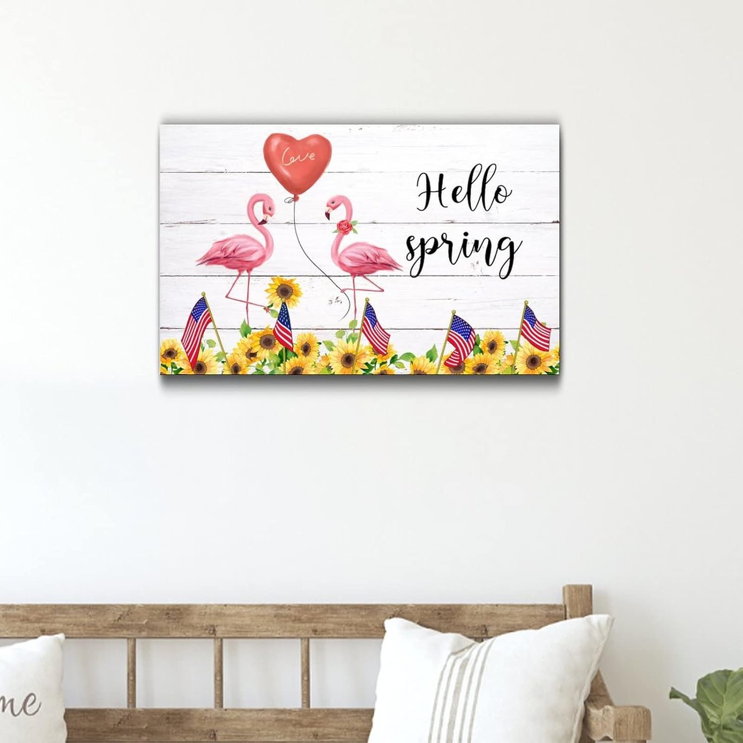 Wooden Flamingo Happy Life Sunflower Wall Hanging