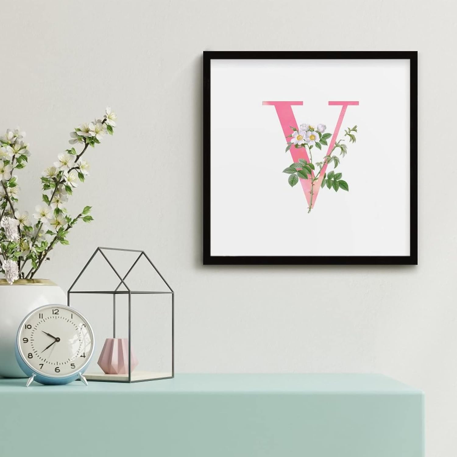 White Flower Pink Letter V Black Framed Wood Wall Sign