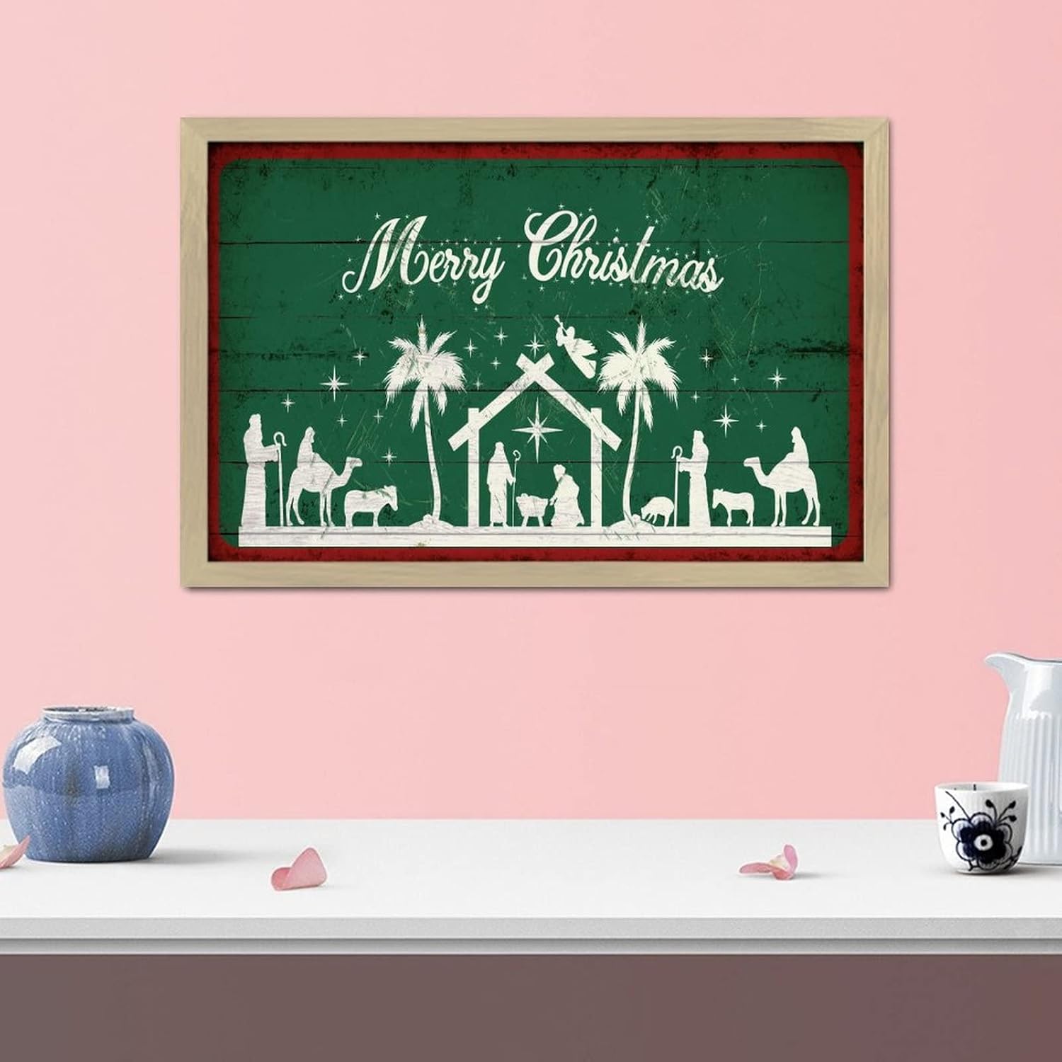 Merry Christmas Wall Art Framed Wooden Sign Retro Decor