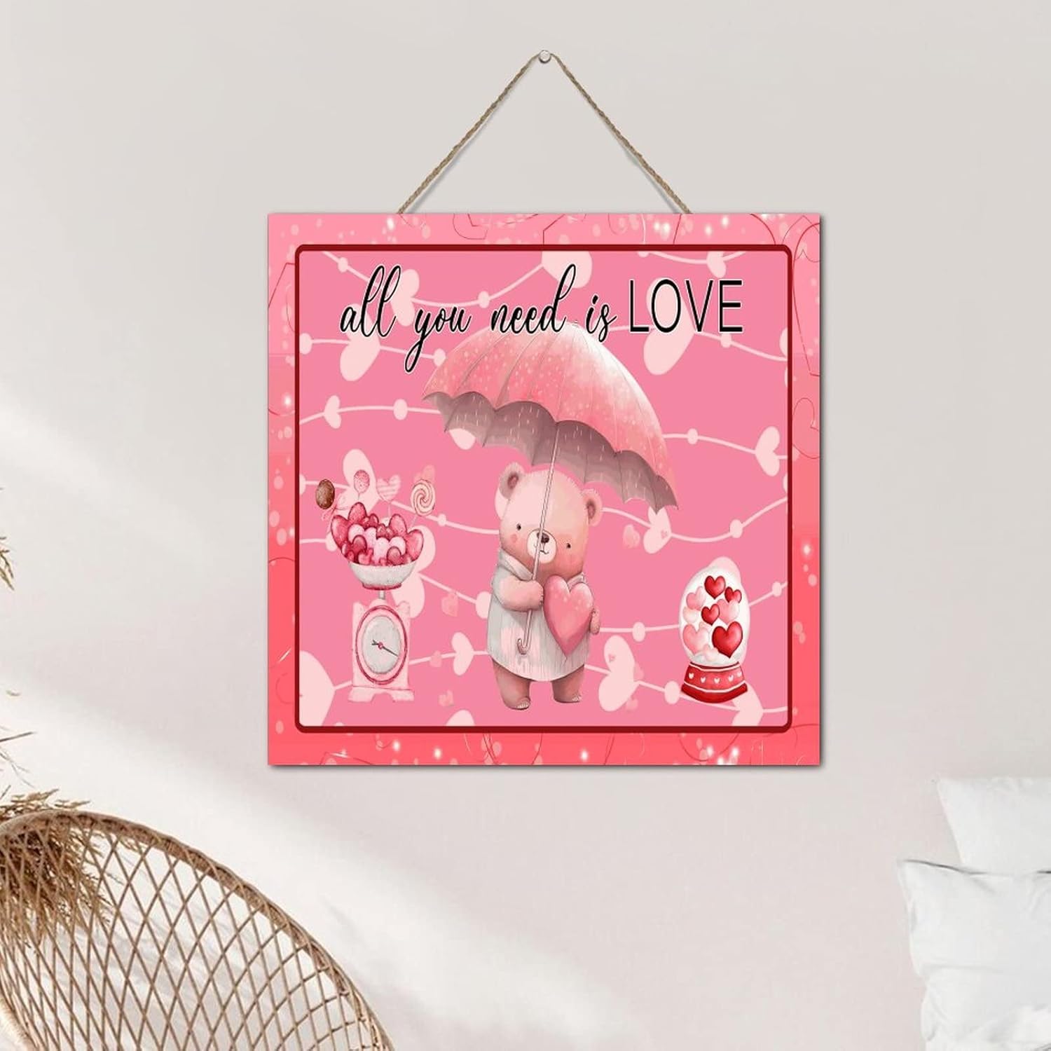 Valentines Bear Heart Wall Art Decor Sign 12x12 Inch