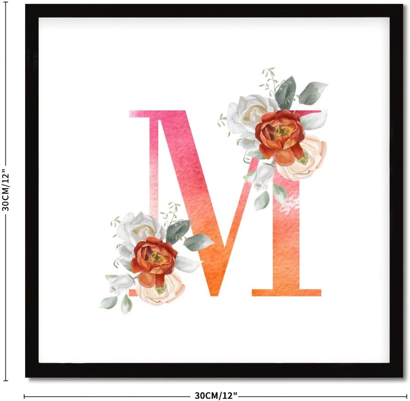Orange Pink Letter Initial M Monogram Rose Framed Wood Sign 12x12 Inch