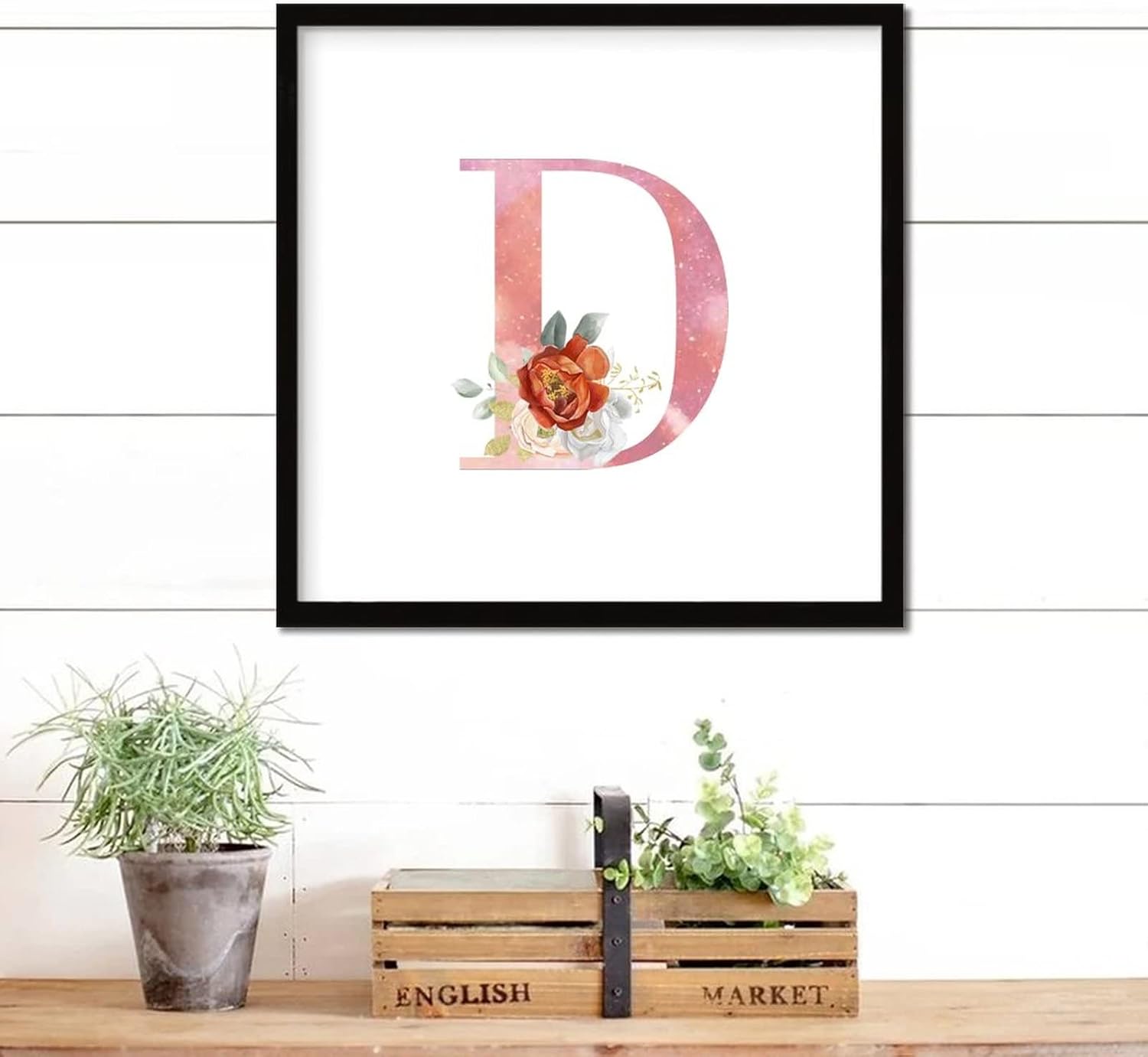 Farmhouse Rustic Wood Frame Sign with Pink D and White Rose