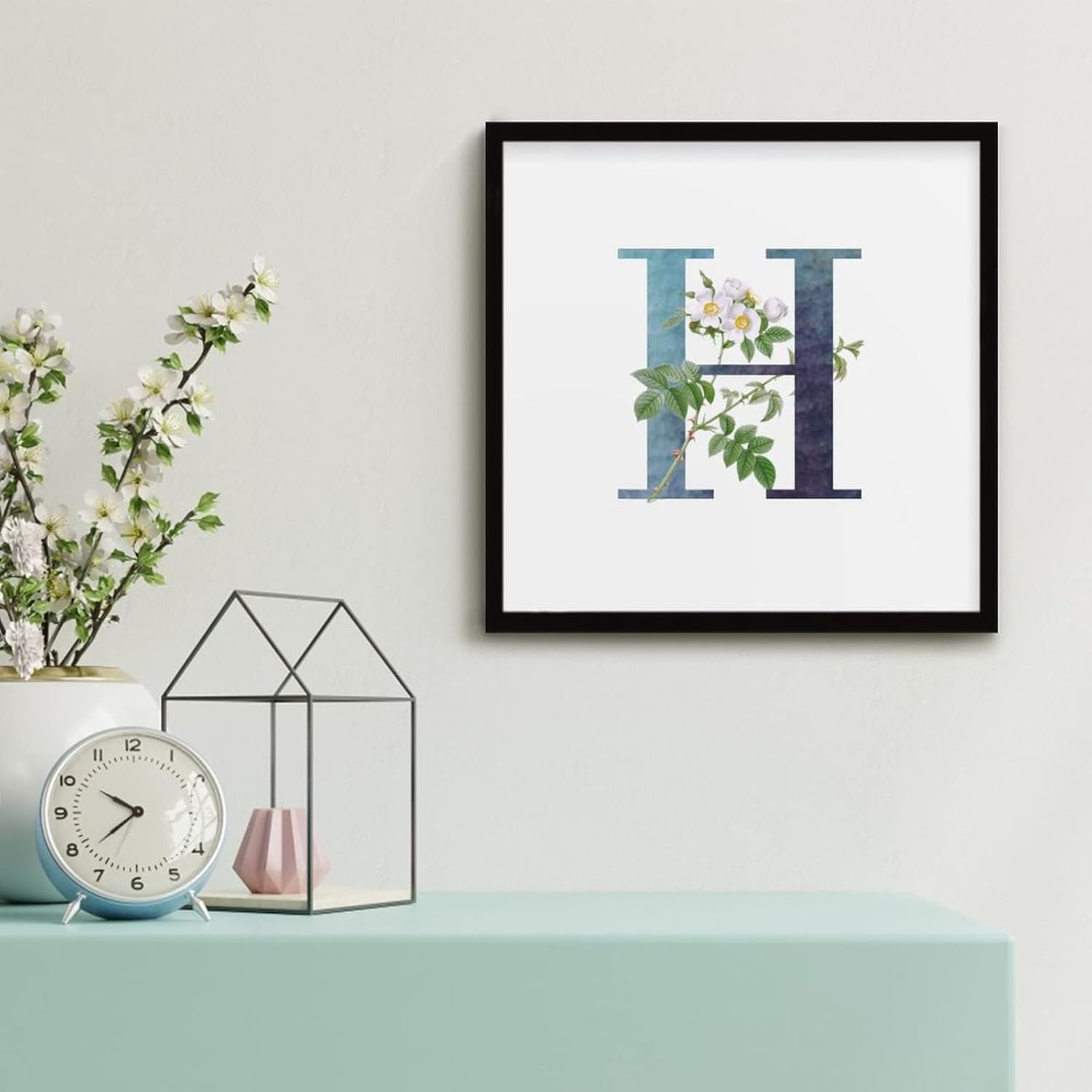 White Flower Dark Green Ink Initial H Wood Framed Sign