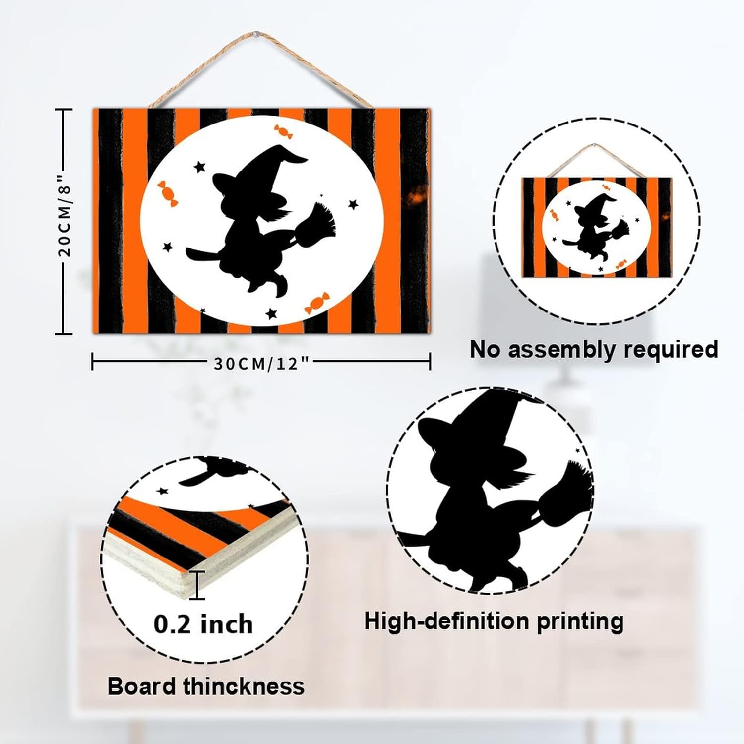 TEANFUN Halloween Wooden Sign Witch Hat Decor