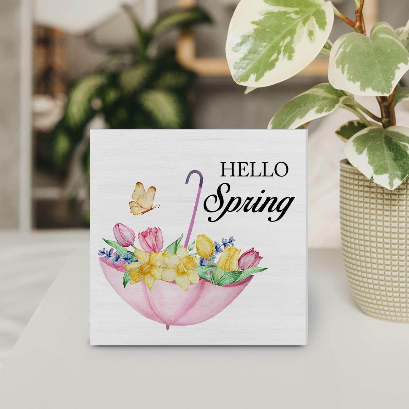 Country Farmhouse Hello Spring Flowers Wood Box Sign Decor