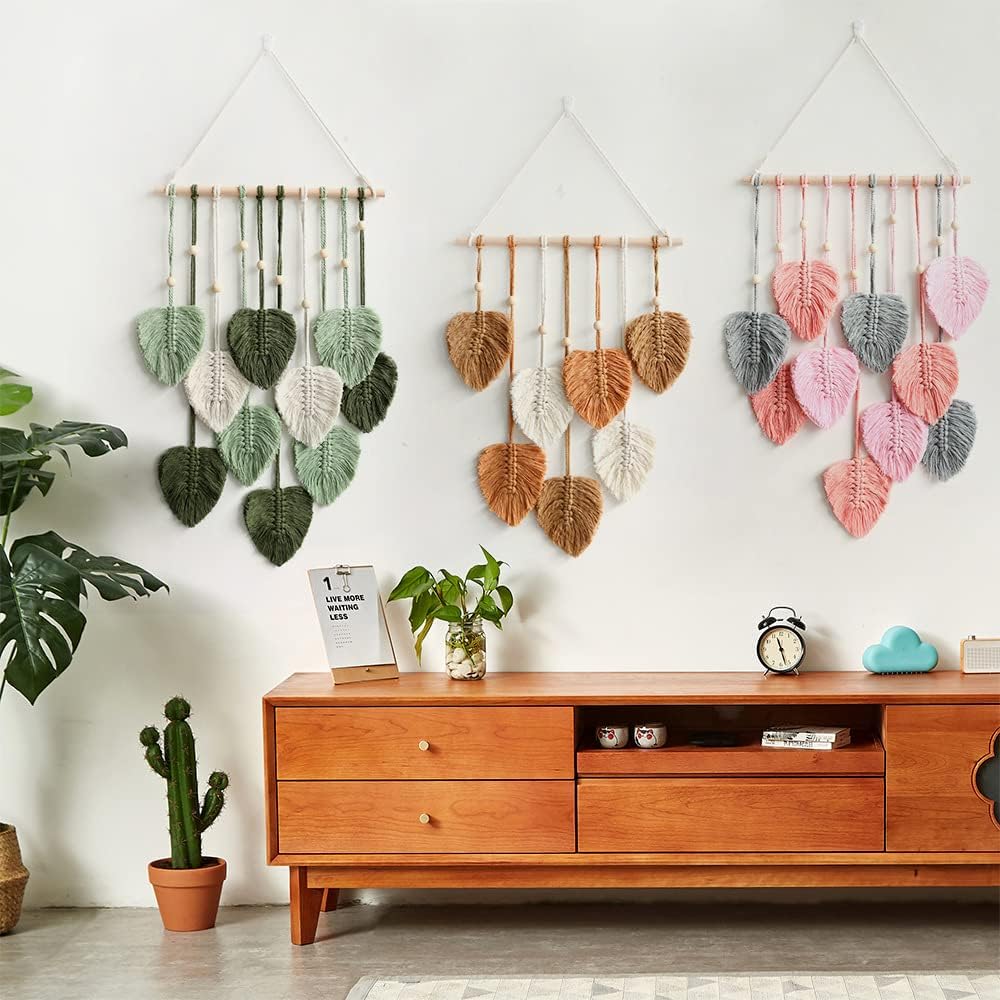 Macrame Wall Hanging with Colorful Leaf Tassels