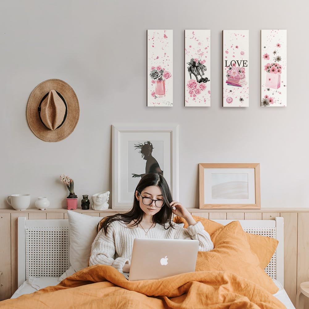 Nbeads 4 Pcs Pink Black Flower Wooden Wall Sign