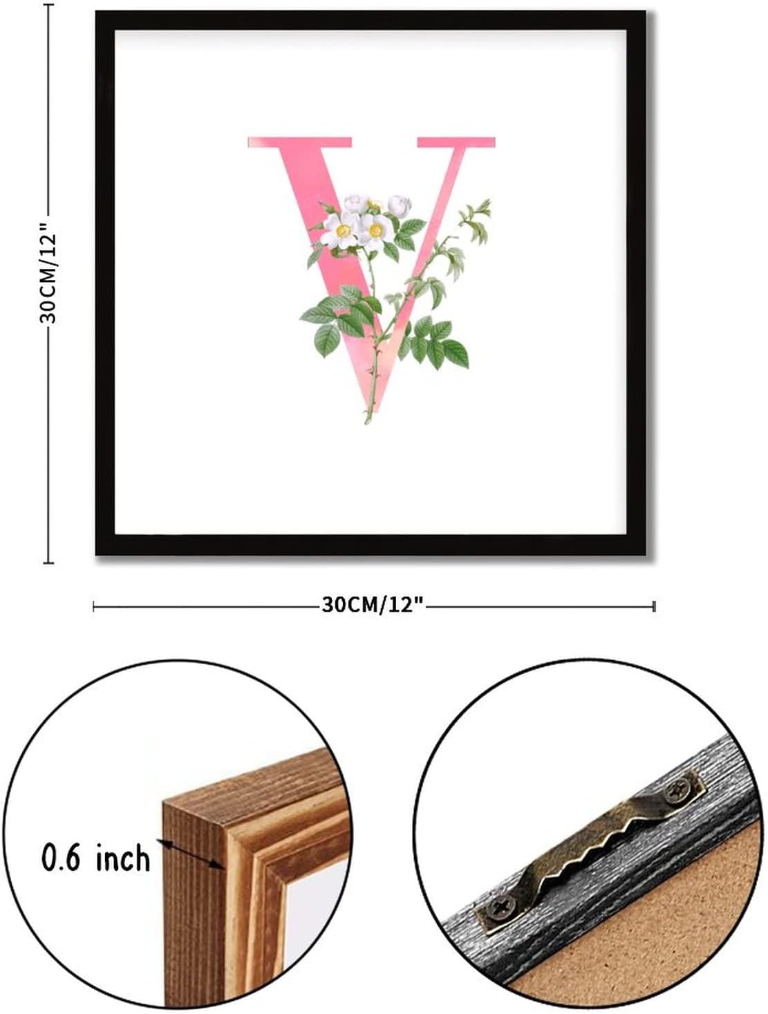 White Flower Pink Letter V Black Framed Wood Wall Sign