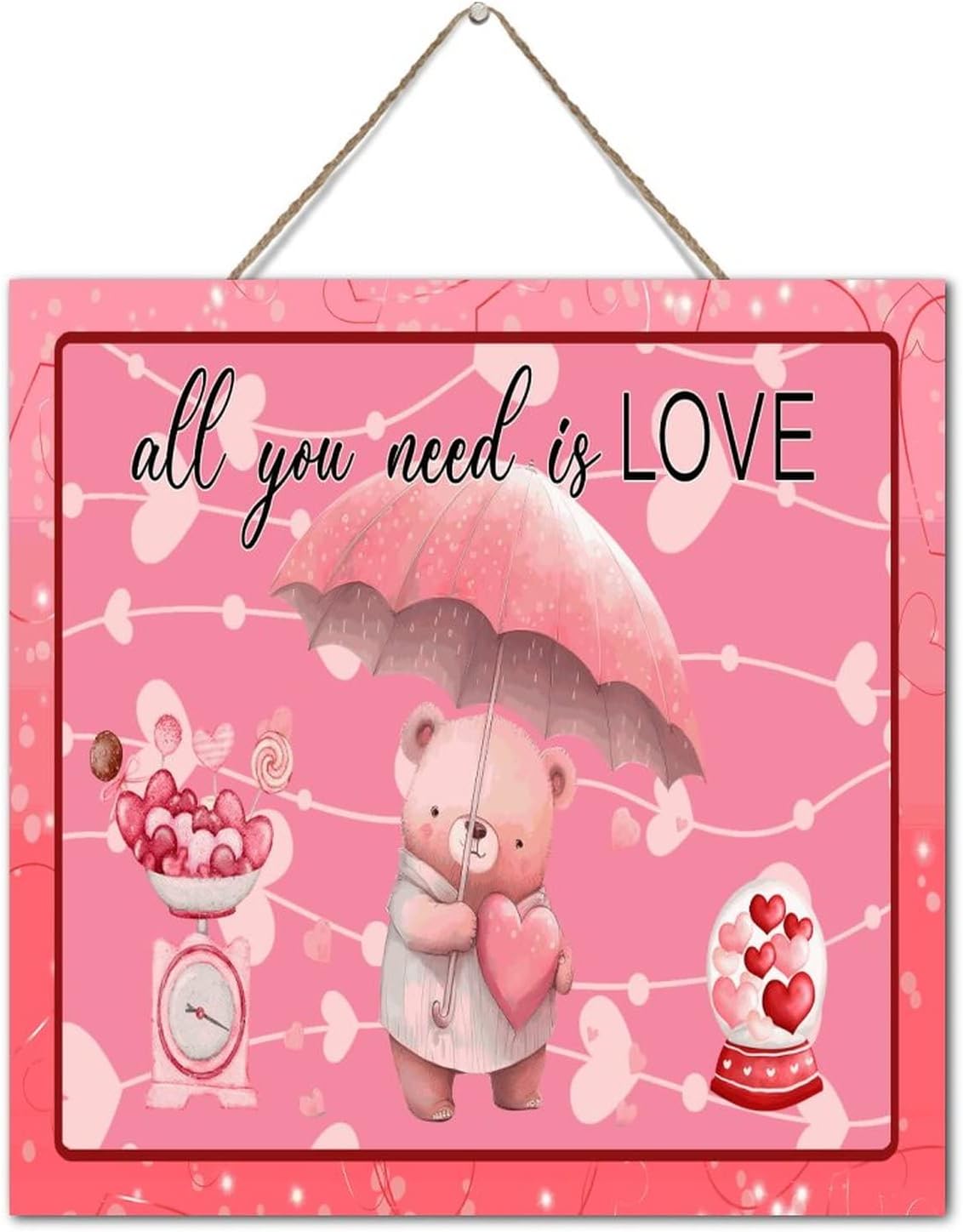 Valentines Bear Heart Wall Art Decor Sign 12x12 Inch