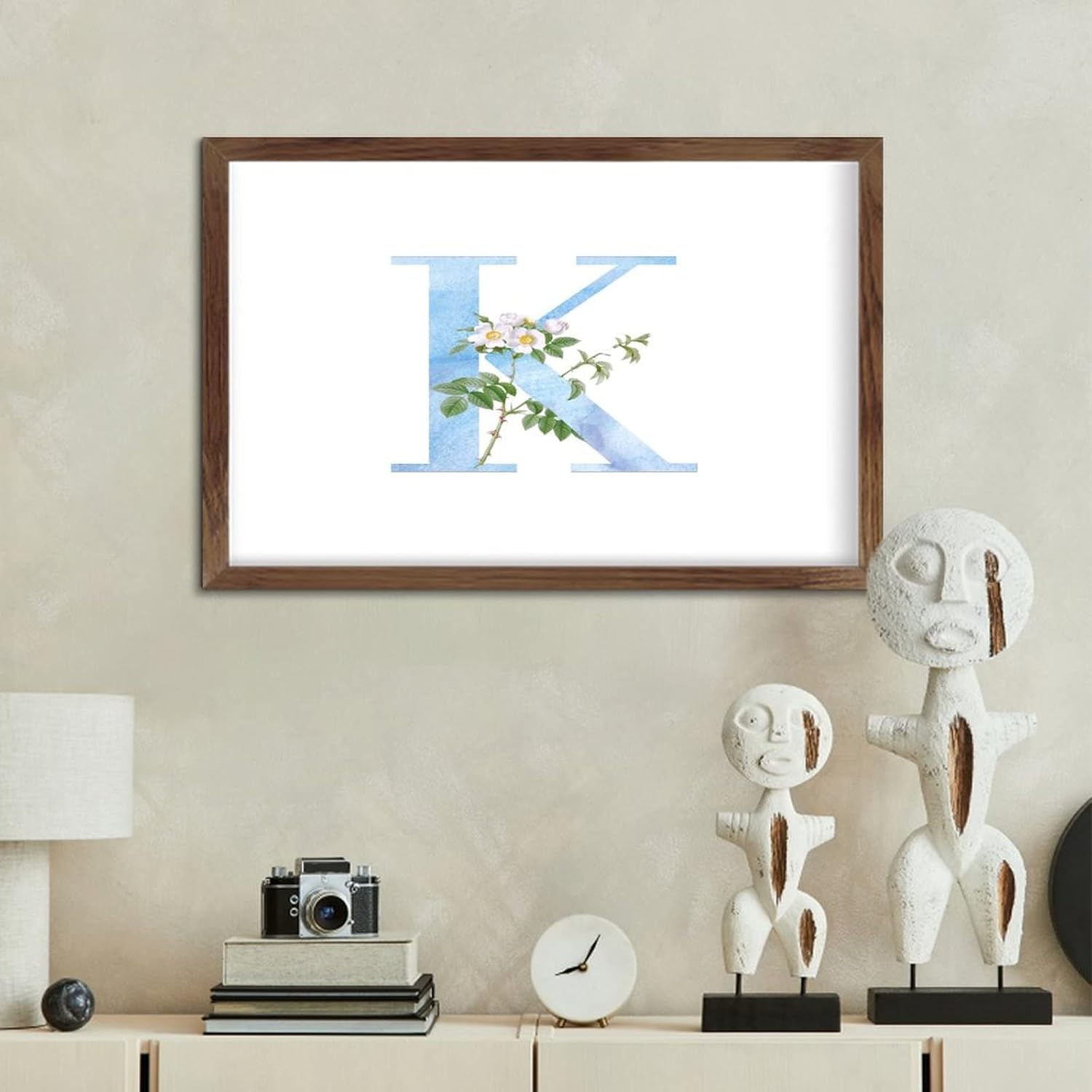 Blue Monogram Initial K Wood Framed Wall Sign