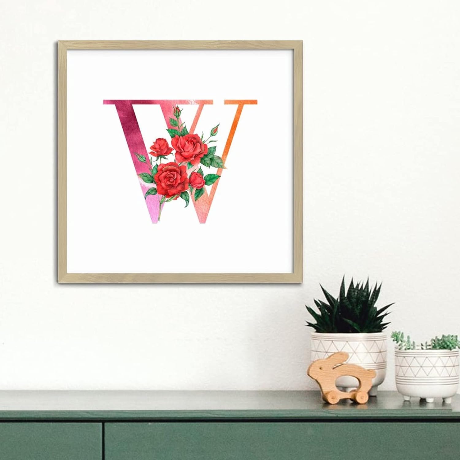 Red Monogram Initial Letter W Framed Wall Art Sign 12x12in