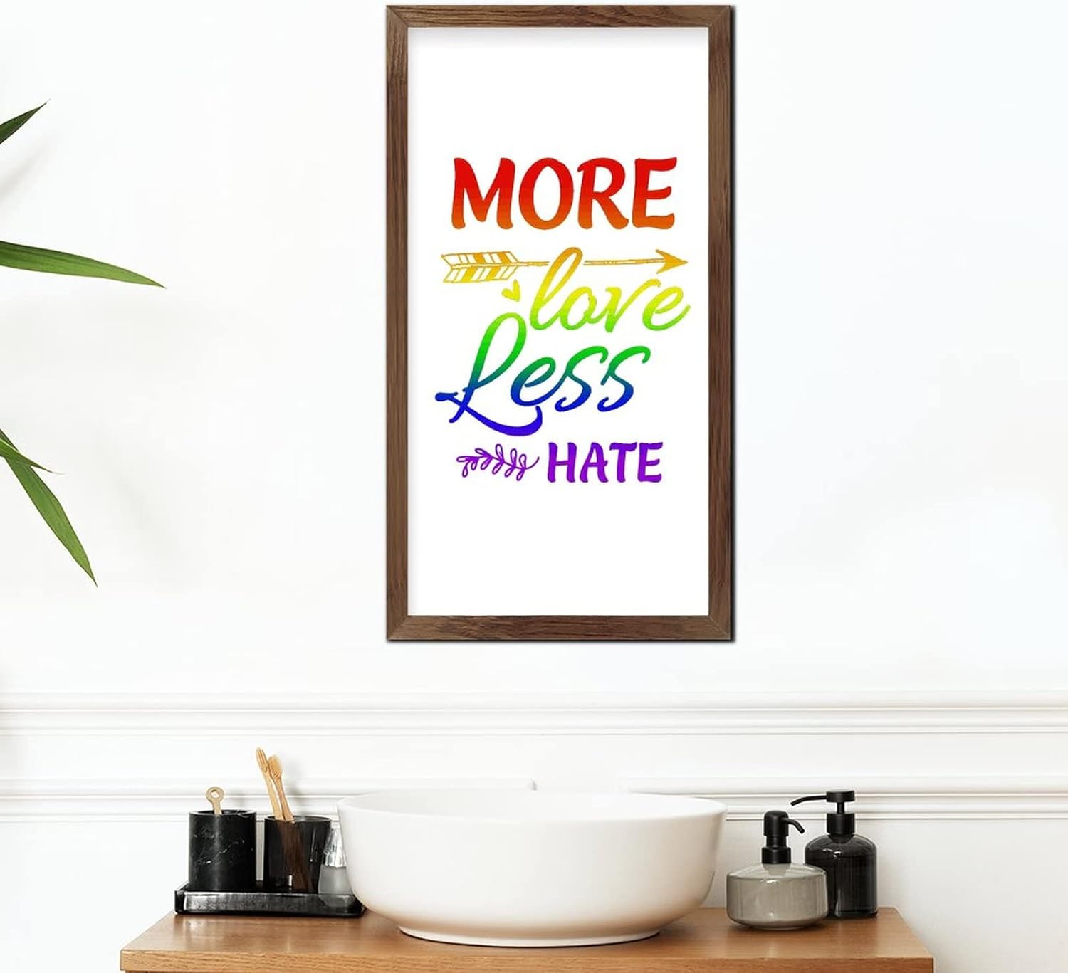 LGBTQ Pride Framed Wooden Sign More Love Less Hate 22x12 In