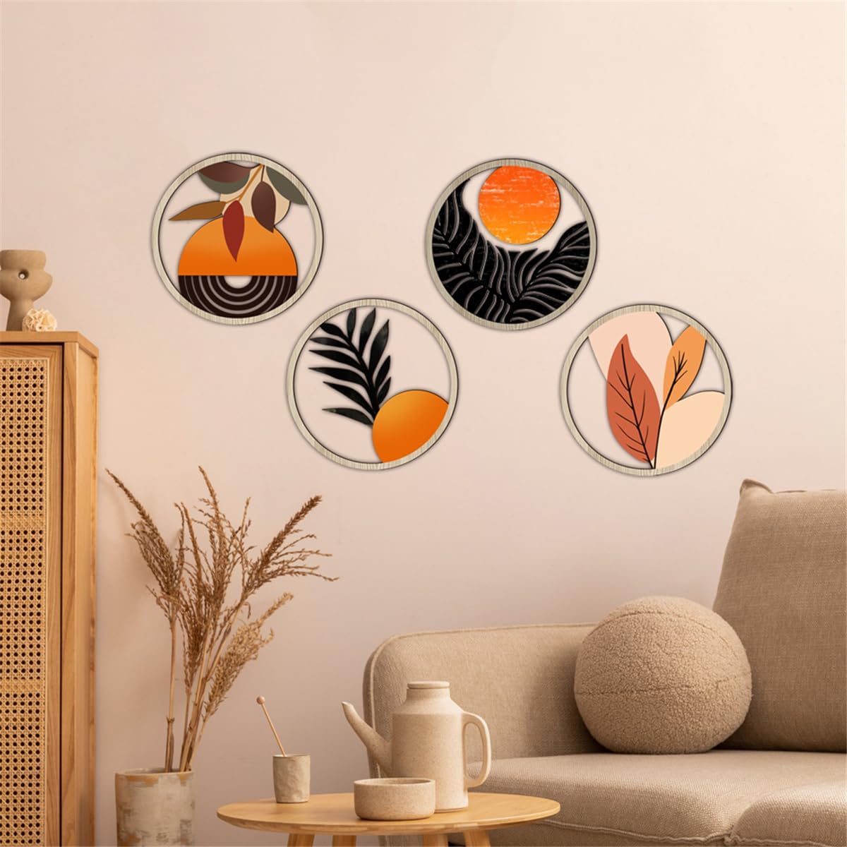 Boho Wall Art Decor 4PCS Round Wooden Sculptures Orange