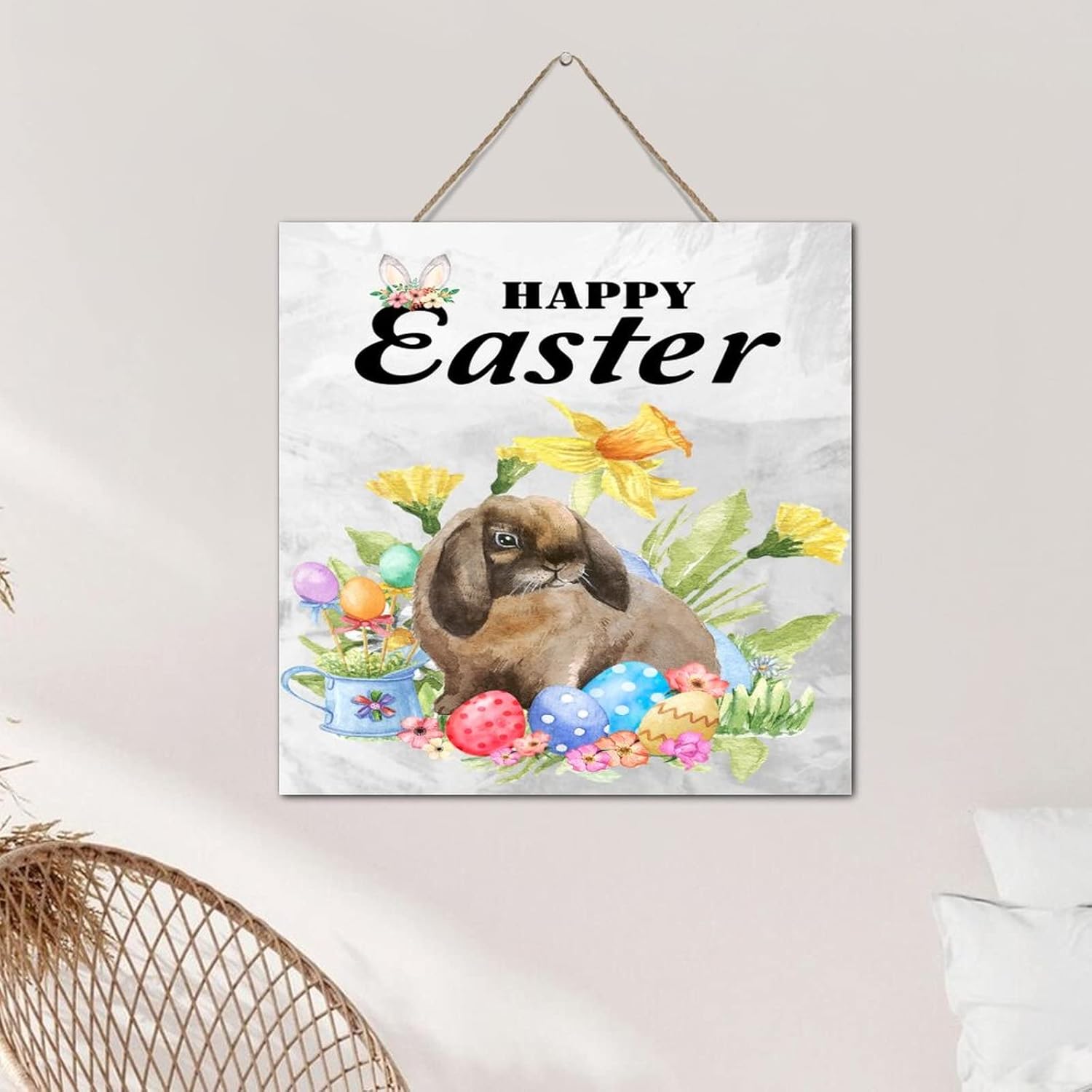 Autravelco Rustic Wood Easter Bunny Sign 12x12 Inch