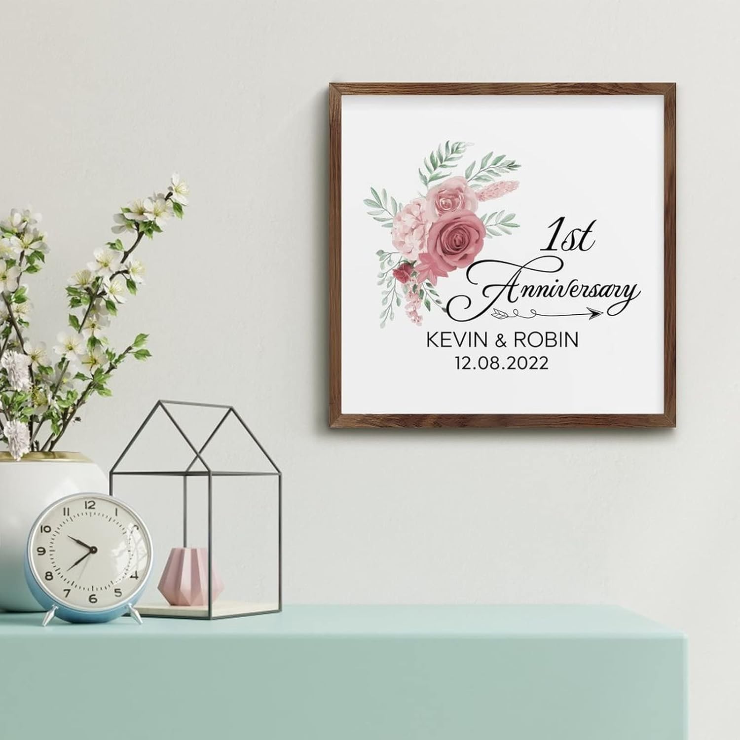 Pink Rose 1st Anniversary Framed Wood Sign Home Decor