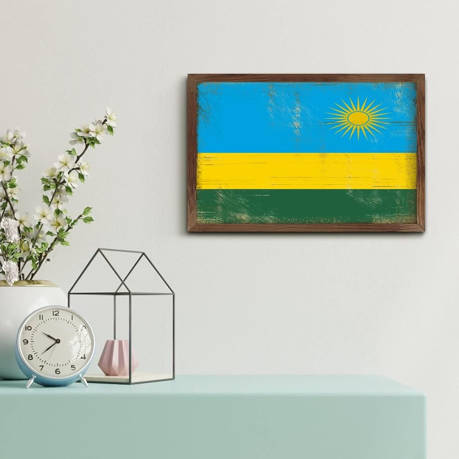 Christmas Farmhouse Decor Rwanda Flag Framed Wood Sign Wall Art