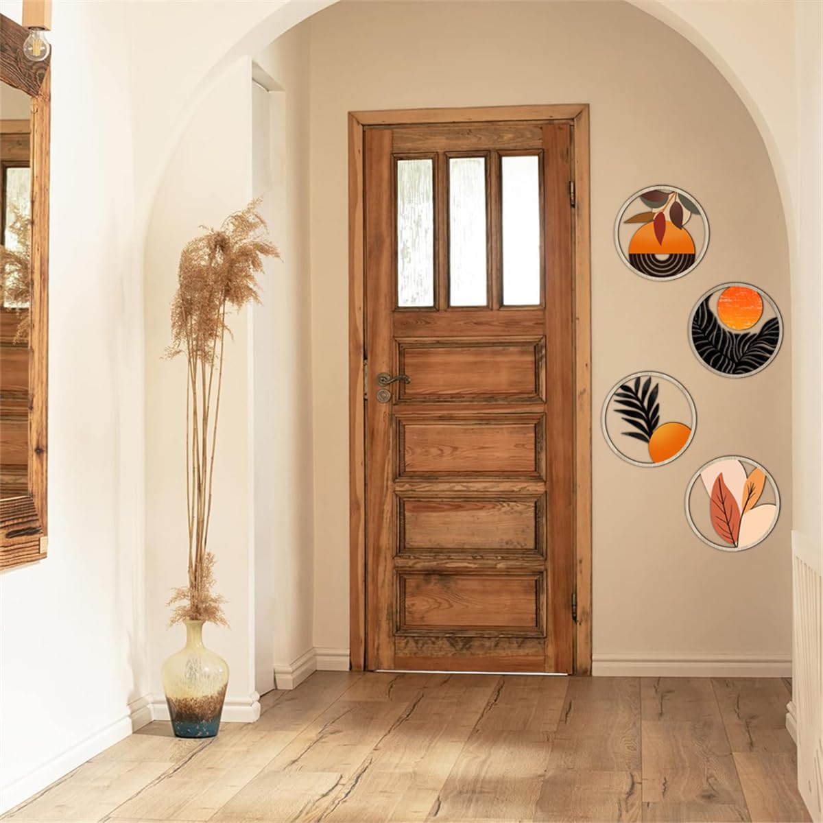 Boho Wall Art Decor 4PCS Round Wooden Sculptures Orange