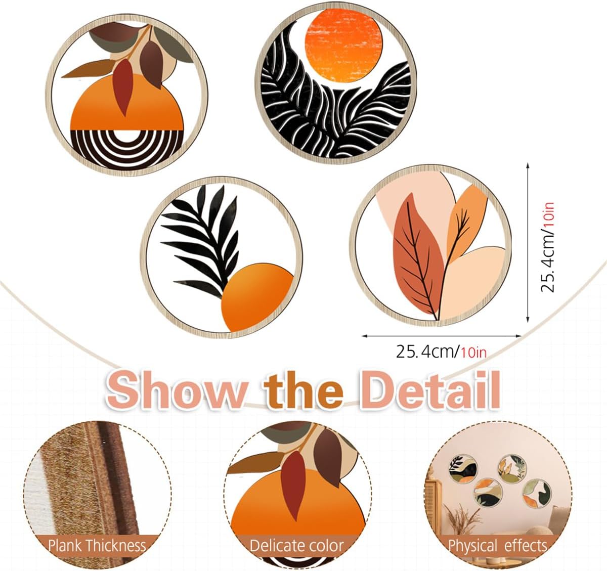 Boho Wall Art Decor 4PCS Round Wooden Sculptures Orange