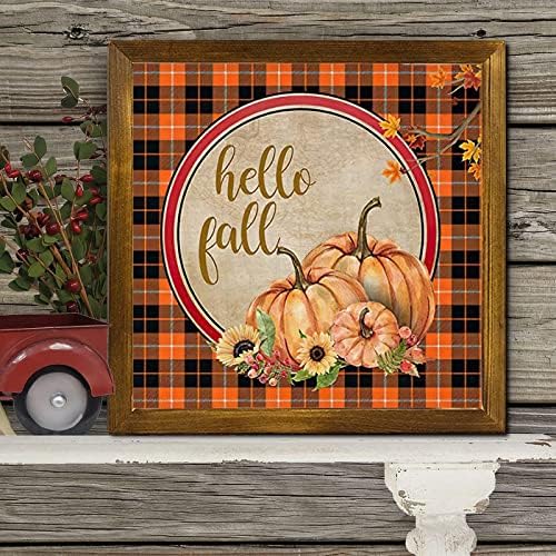Hello Fall Buffalo Plaid Pumpkin Framed Wood Sign 12x12