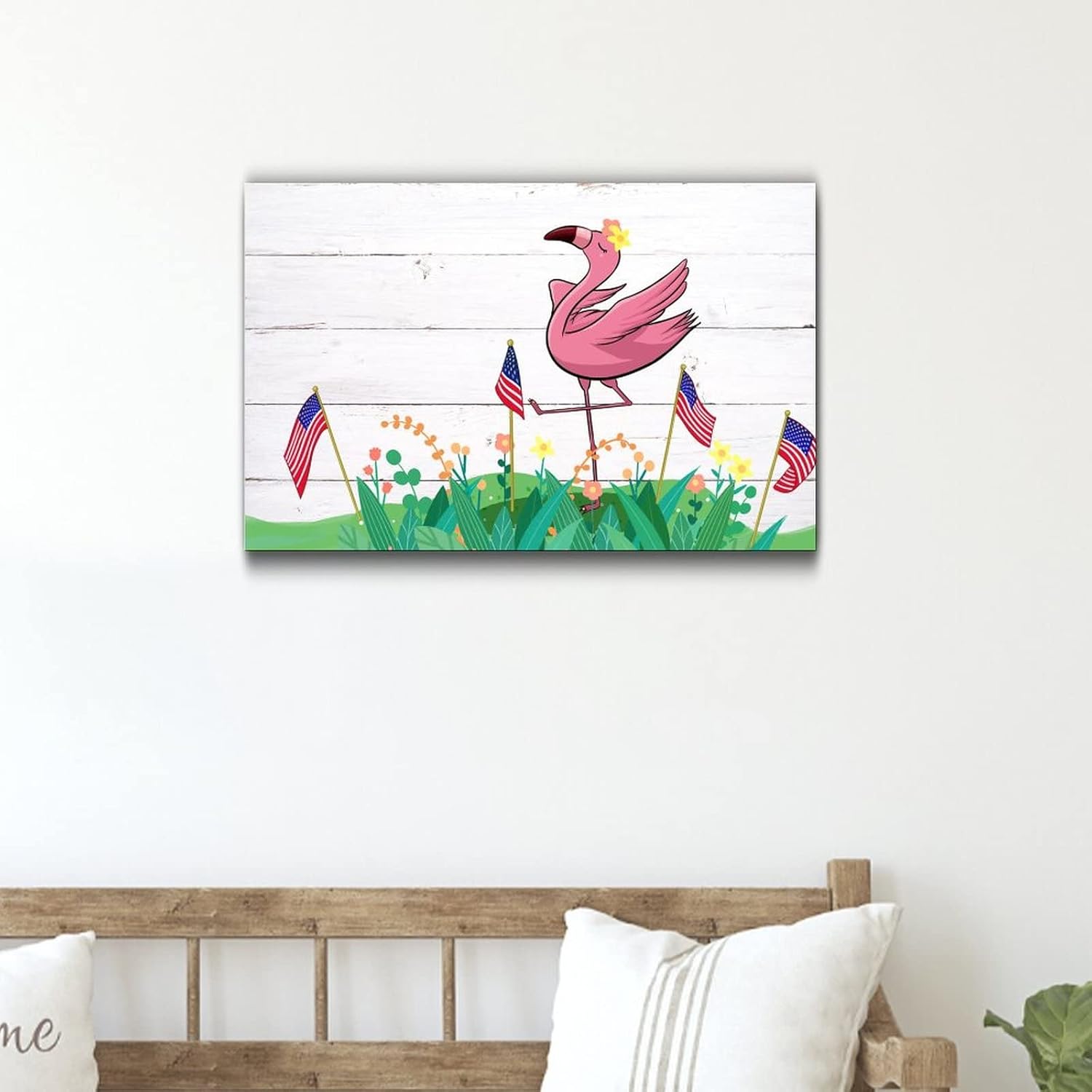 Pink Flamingo Fourth of July Wooden Decor 12x16in