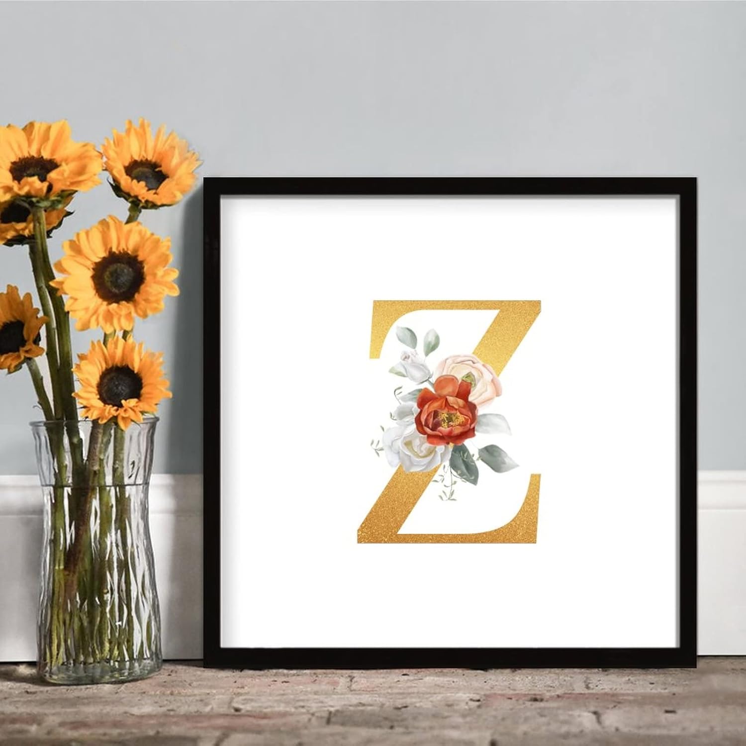 Elegant Rose Gold Initial Z Black Framed Wood Sign