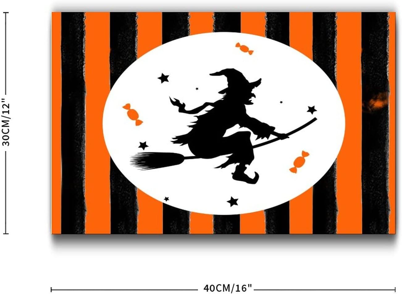 Happy Halloween Wood Plaque with Orange Black Pumpkins and Cat Witch