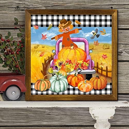 Thanksgiving Scarecrow Plaid Truck Framed Wood Sign