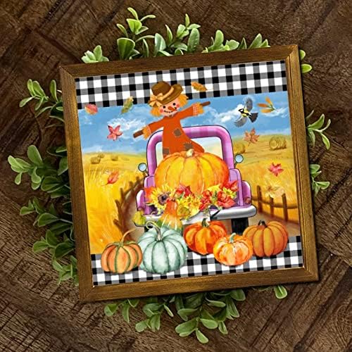 Thanksgiving Scarecrow Plaid Truck Framed Wood Sign