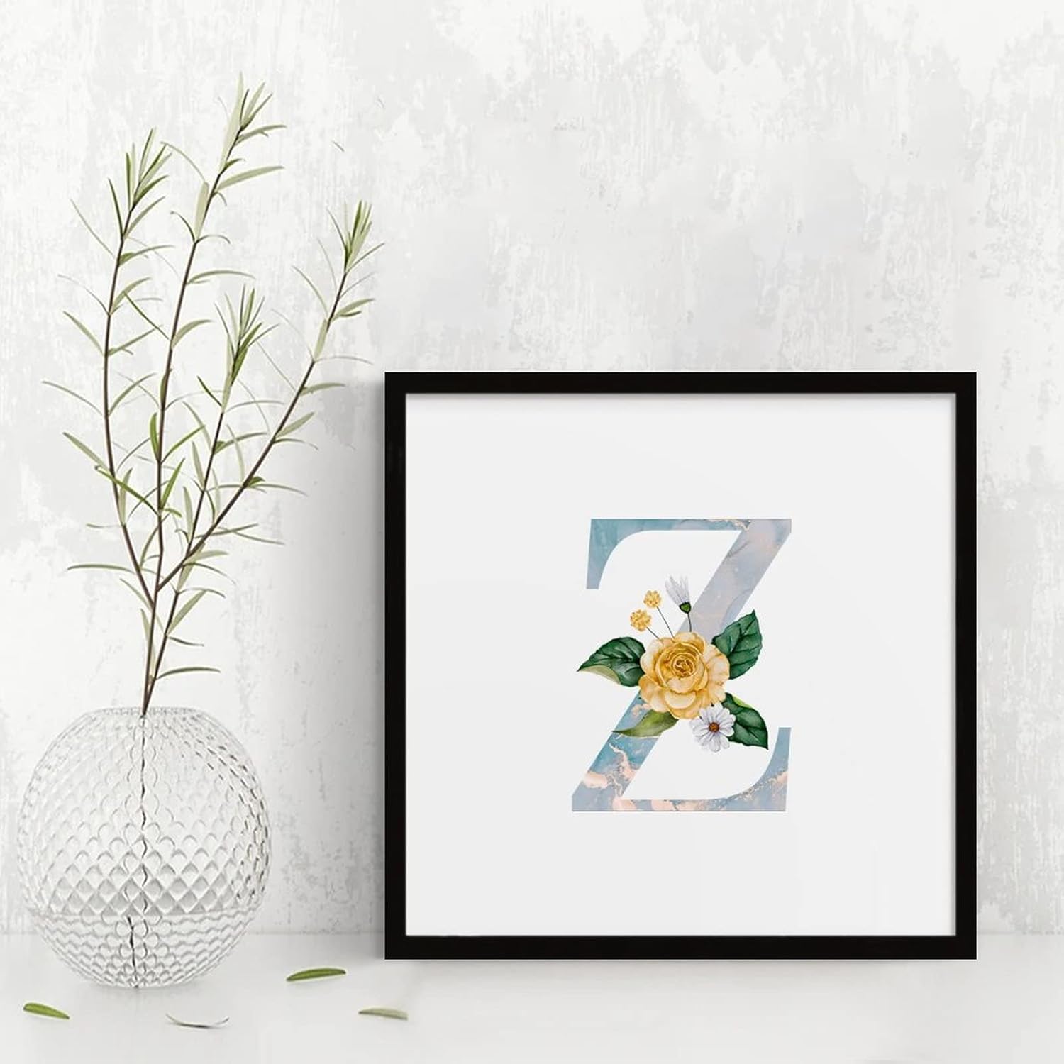 Marble Yellow Floral Monogram Initial Letter Z Framed Wood Sign 12x12 Inch
