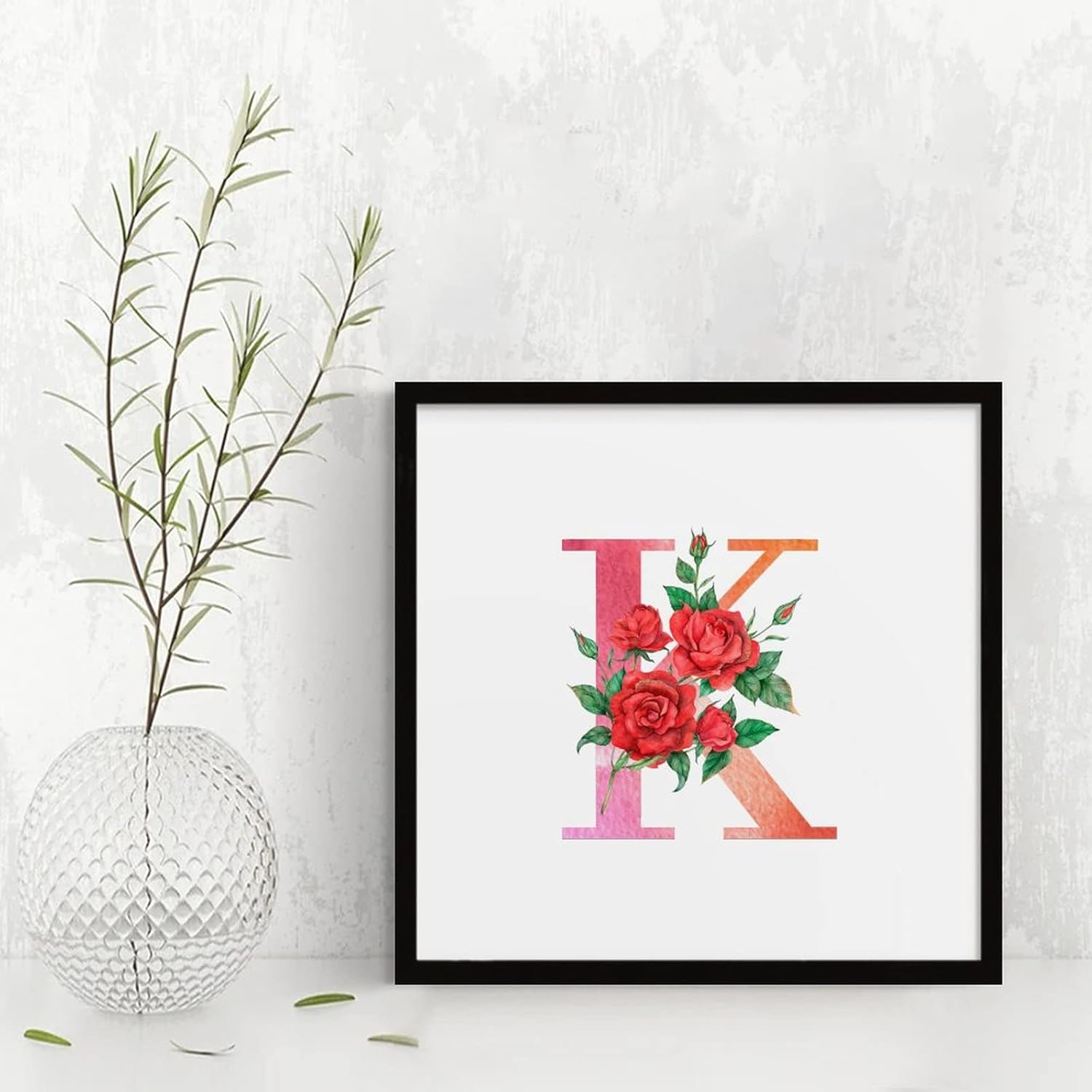 Red Floral Monogram Letter K Framed Wood Sign 12x12 Inch 1