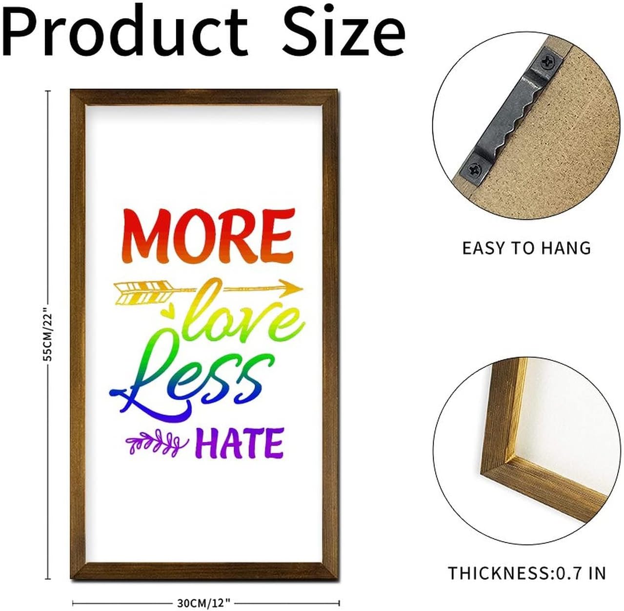 LGBTQ Pride Framed Wooden Sign More Love Less Hate 22x12 In