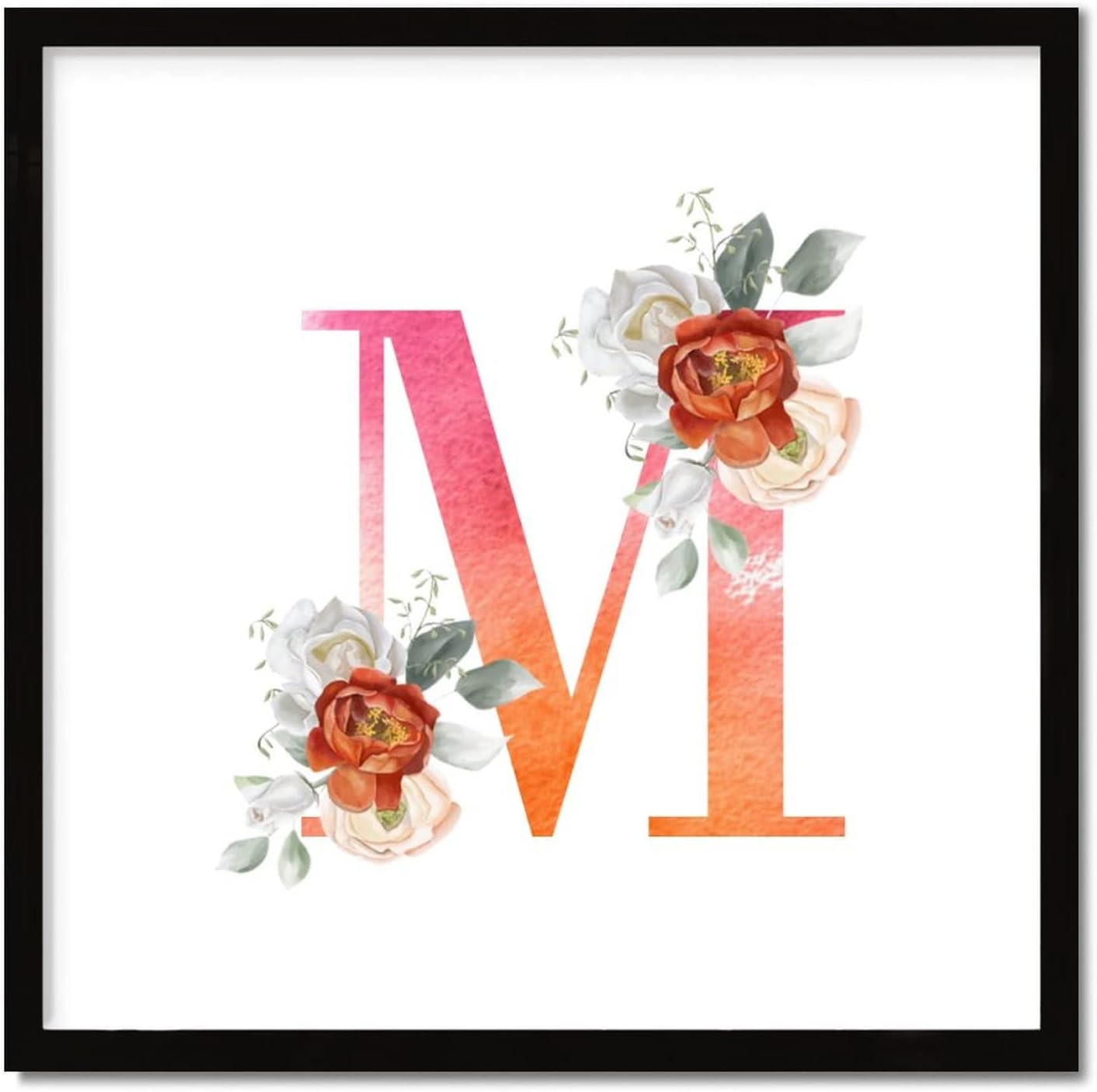 Orange Pink Letter Initial M Monogram Rose Framed Wood Sign 12x12 Inch