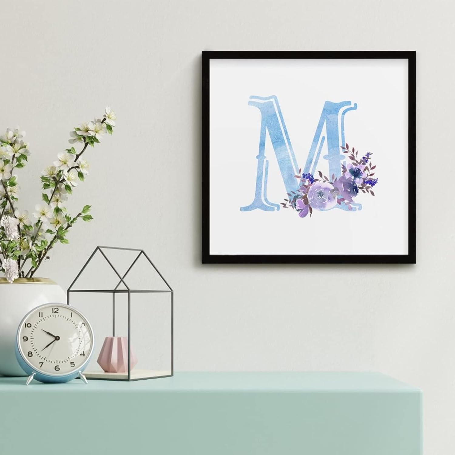 Purple Floral Blue Initial Letter M Wood Sign