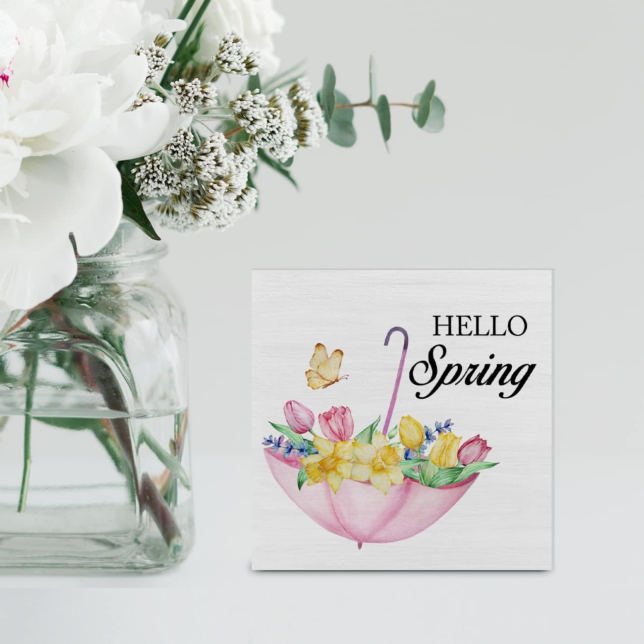 Country Farmhouse Hello Spring Flowers Wood Box Sign Decor