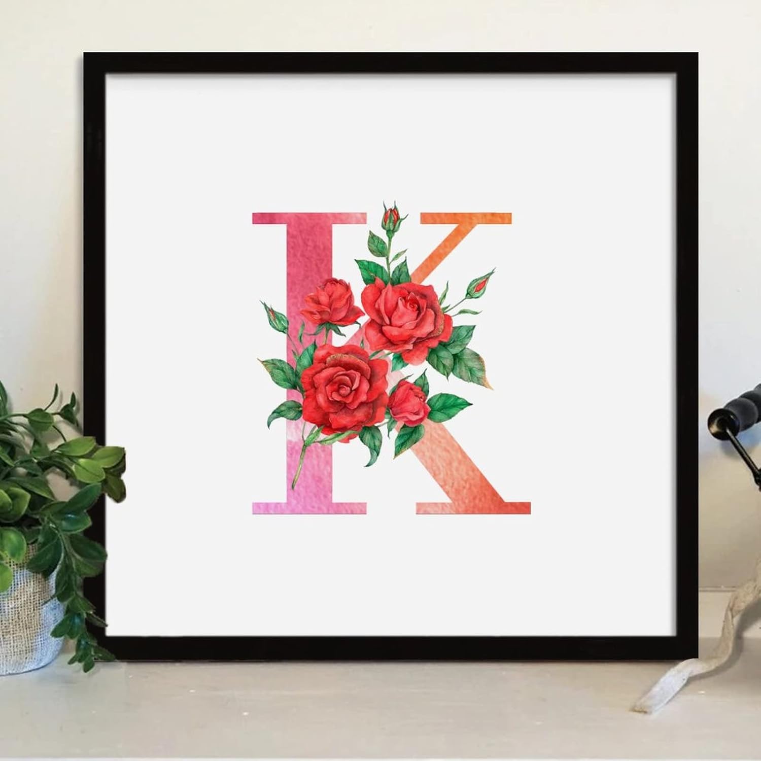 Red Floral Monogram Letter K Framed Wood Sign 12x12 Inch 1