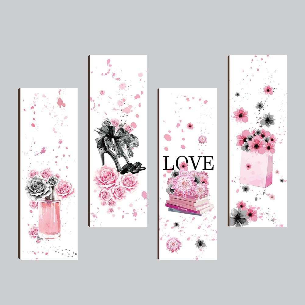 Nbeads 4 Pcs Pink Black Flower Wooden Wall Sign