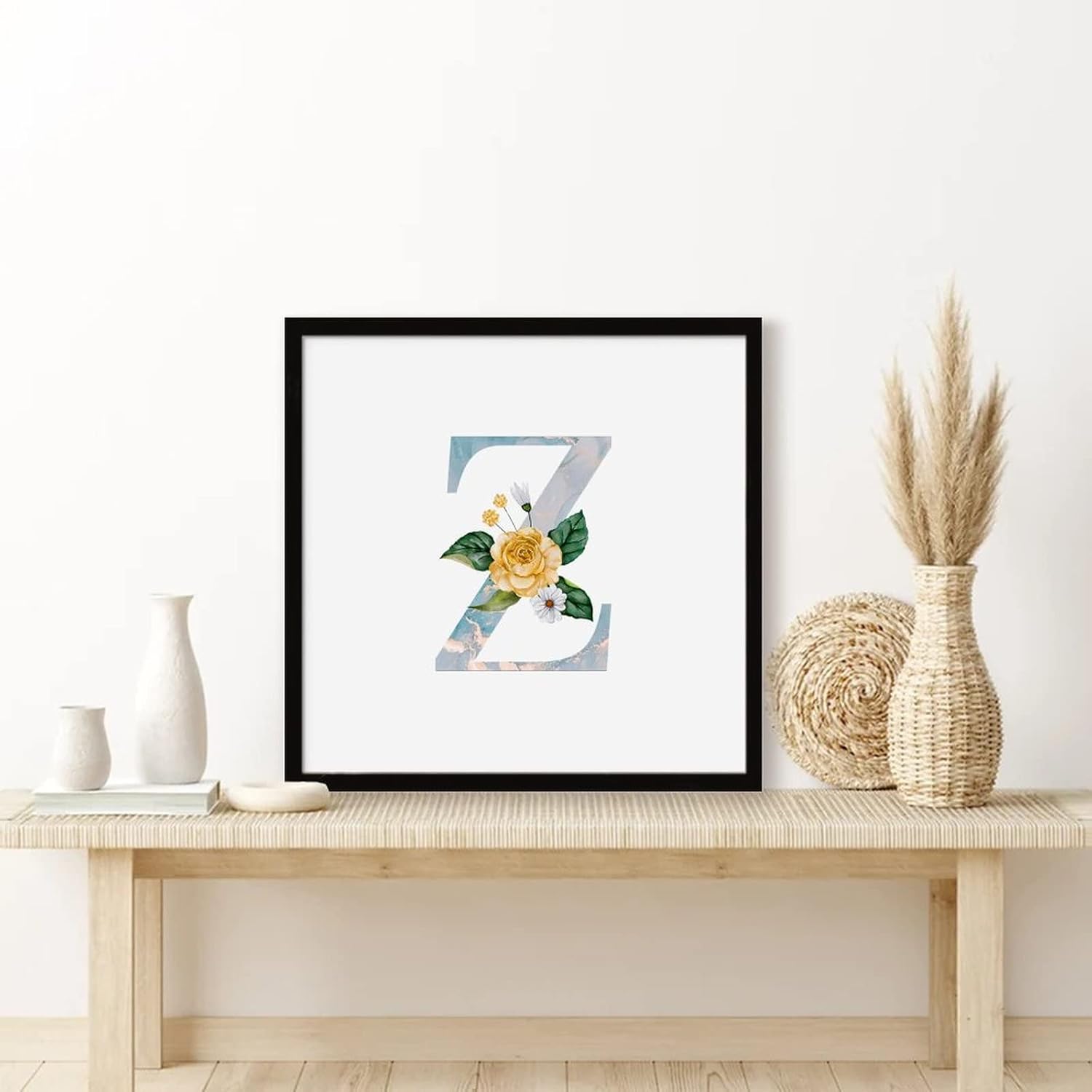 Marble Yellow Floral Monogram Initial Letter Z Framed Wood Sign 12x12 Inch